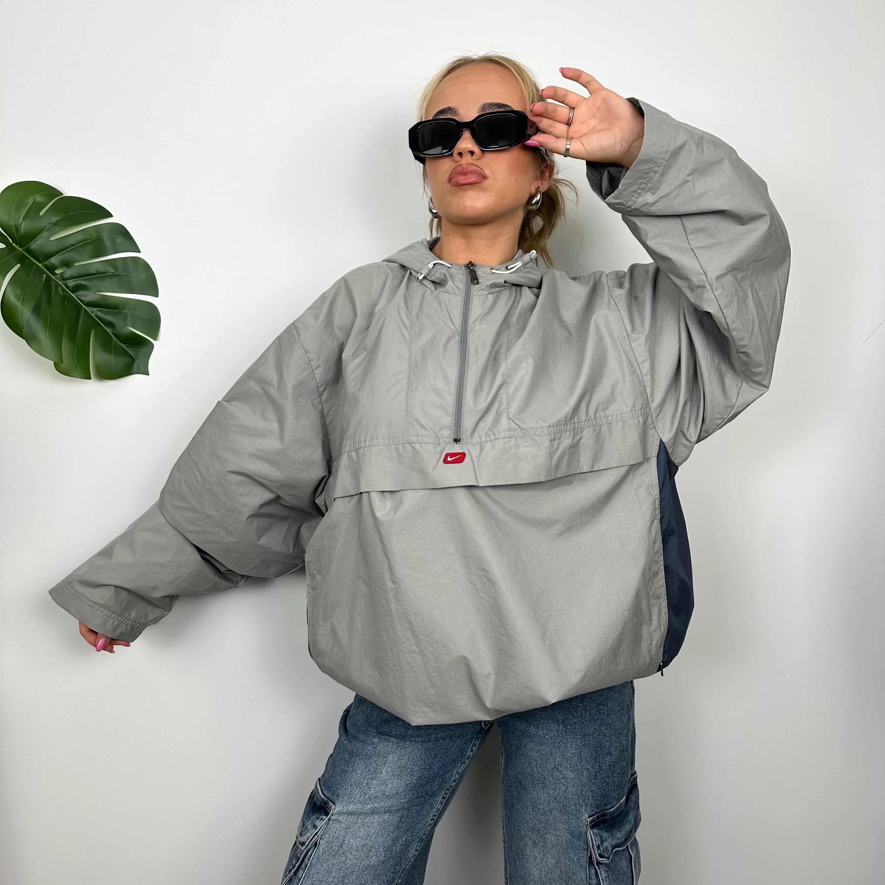Nike Grey Embroidered Swoosh Quarter Zip Pullover Windbreaker Jacket (L) - Image 5