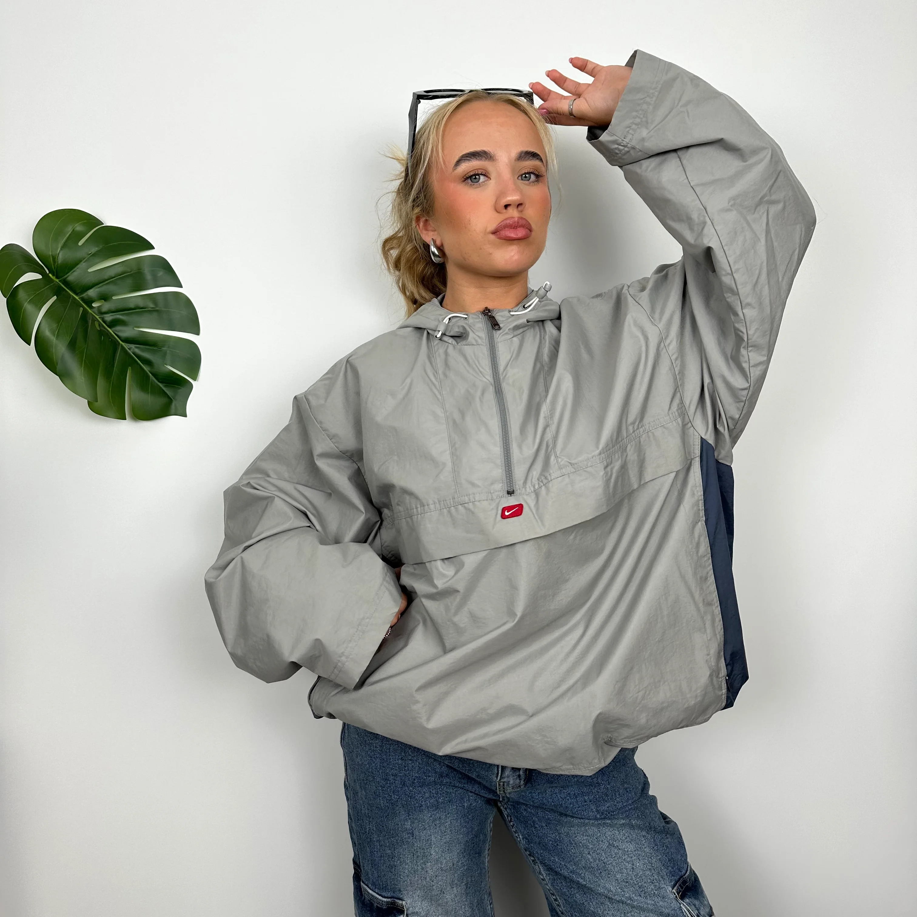 Nike Grey Embroidered Swoosh Quarter Zip Pullover Windbreaker Jacket (L) - Image 6