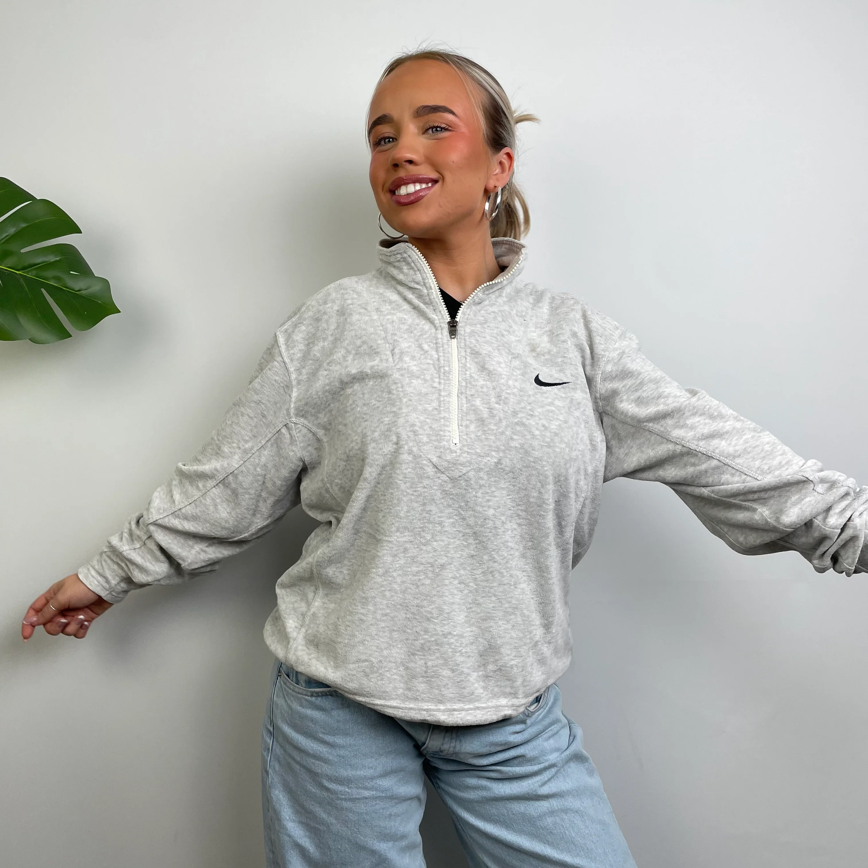 Nike Grey Embroidered Swoosh Quarter Zip Sweatshirt (S) - Image 2