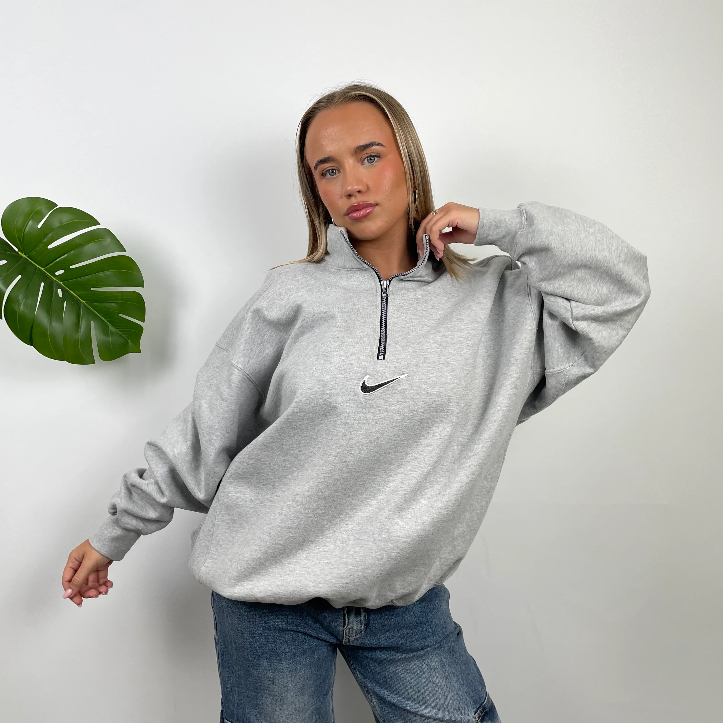 Nike Grey Embroidered Swoosh Quarter Zip Sweatshirt (XL) - Image 3