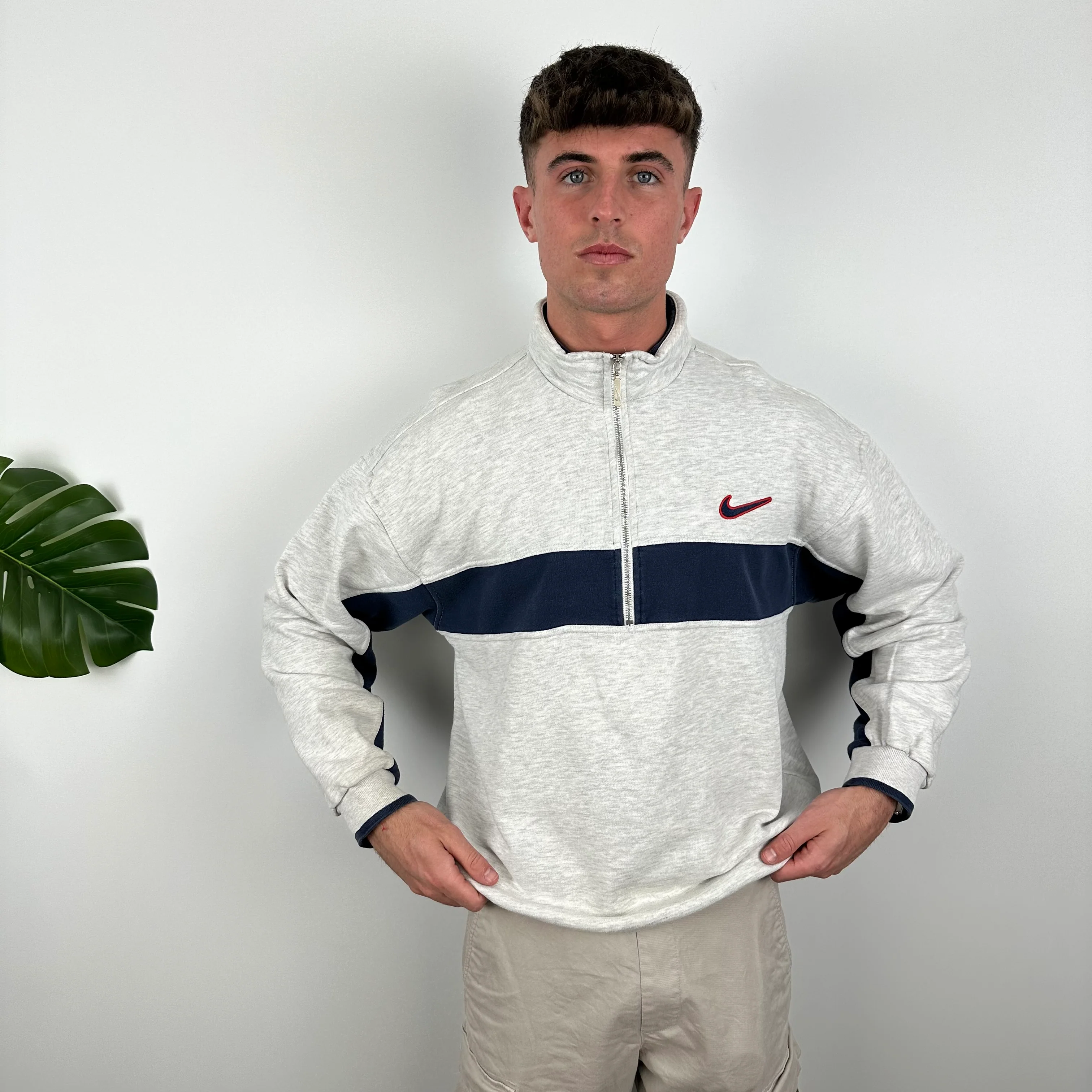 Nike Grey Embroidered Swoosh Quarter Zip Sweatshirt (L) - Image 2