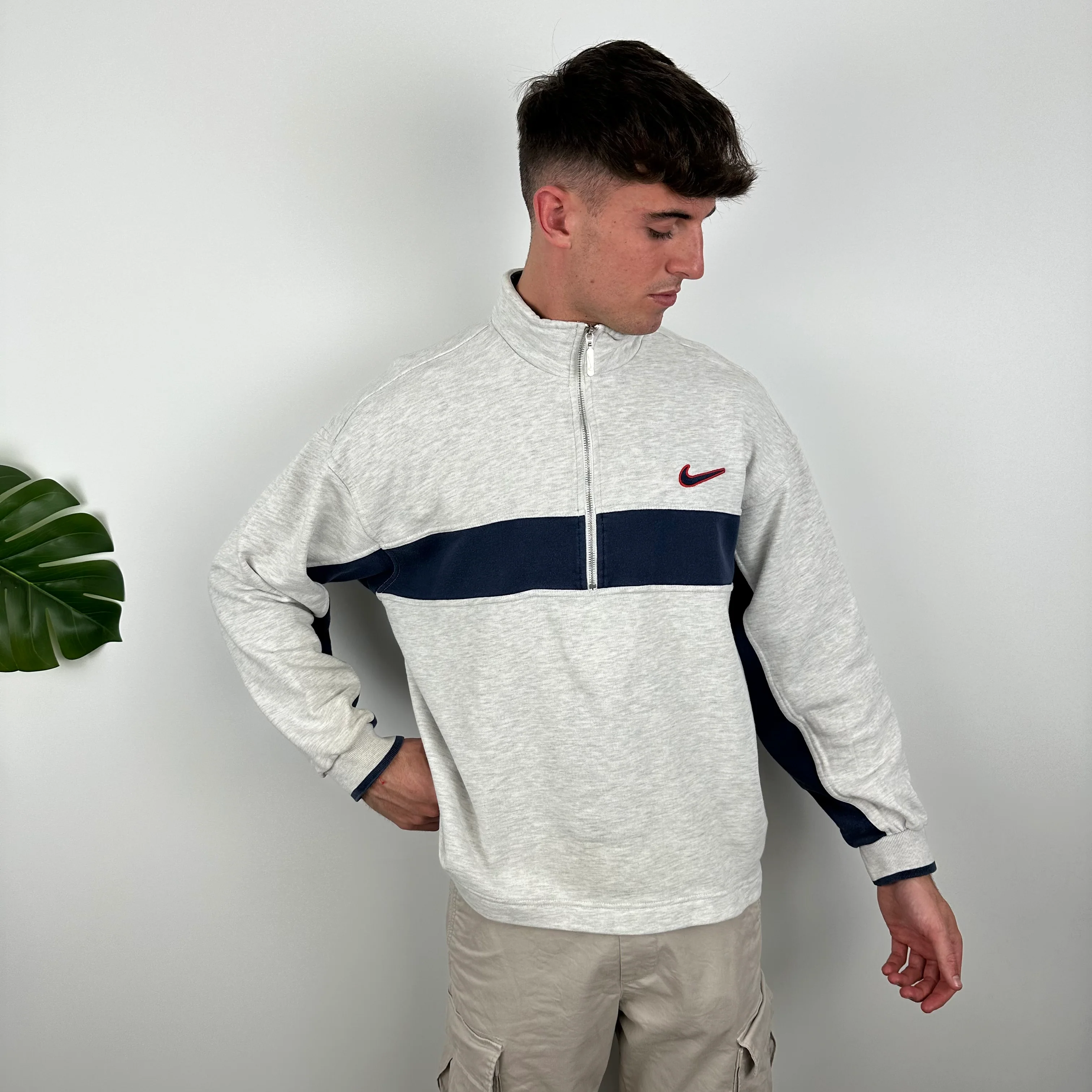 Nike Grey Embroidered Swoosh Quarter Zip Sweatshirt (L) - Image 3