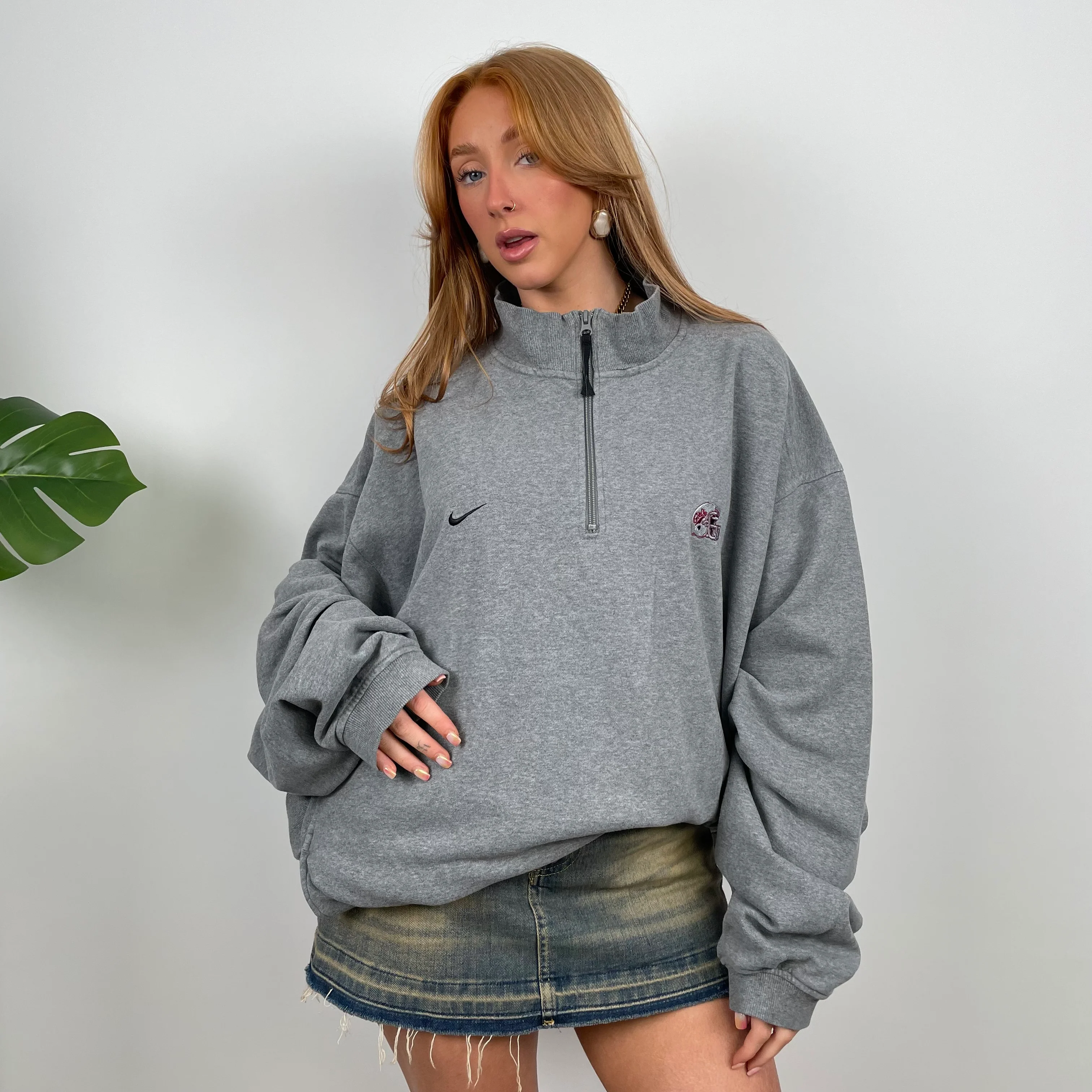 Nike Grey Embroidered Swoosh Quarter Zip Sweatshirt (XXL) - Image 2