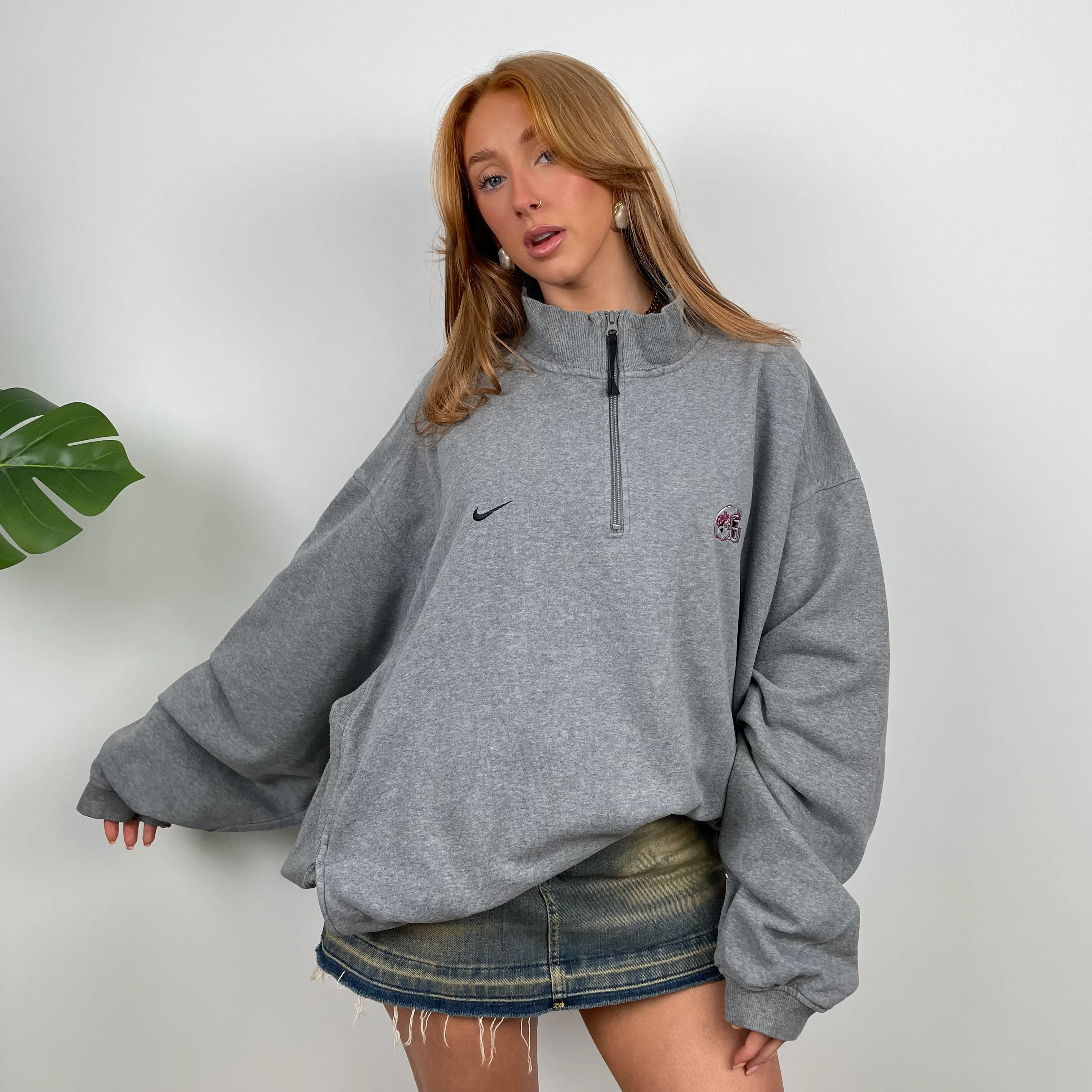 Nike Grey Embroidered Swoosh Quarter Zip Sweatshirt (XXL) - Image 3