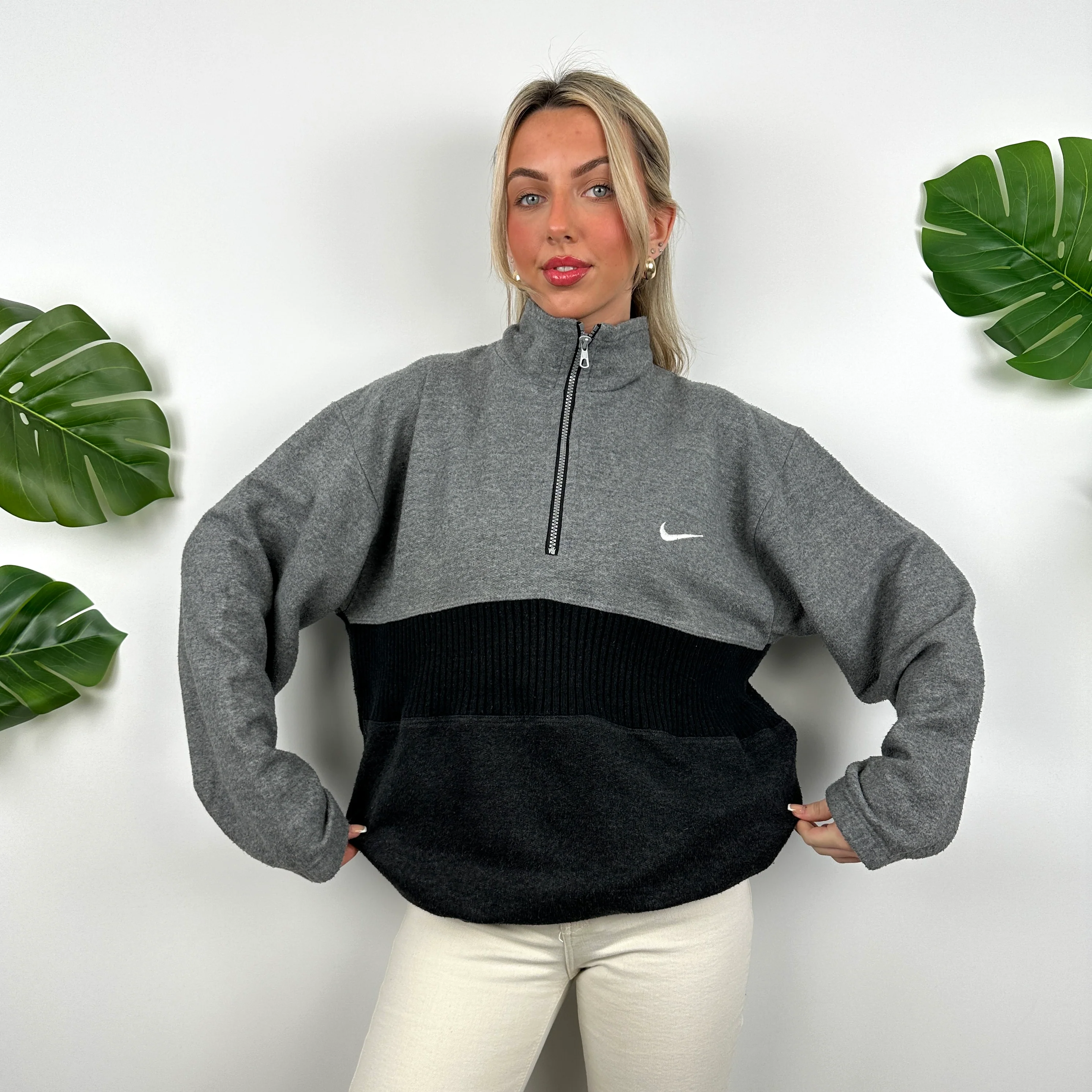 Nike Grey Embroidered Swoosh Quarter Zip Sweatshirt (L) - Image 2