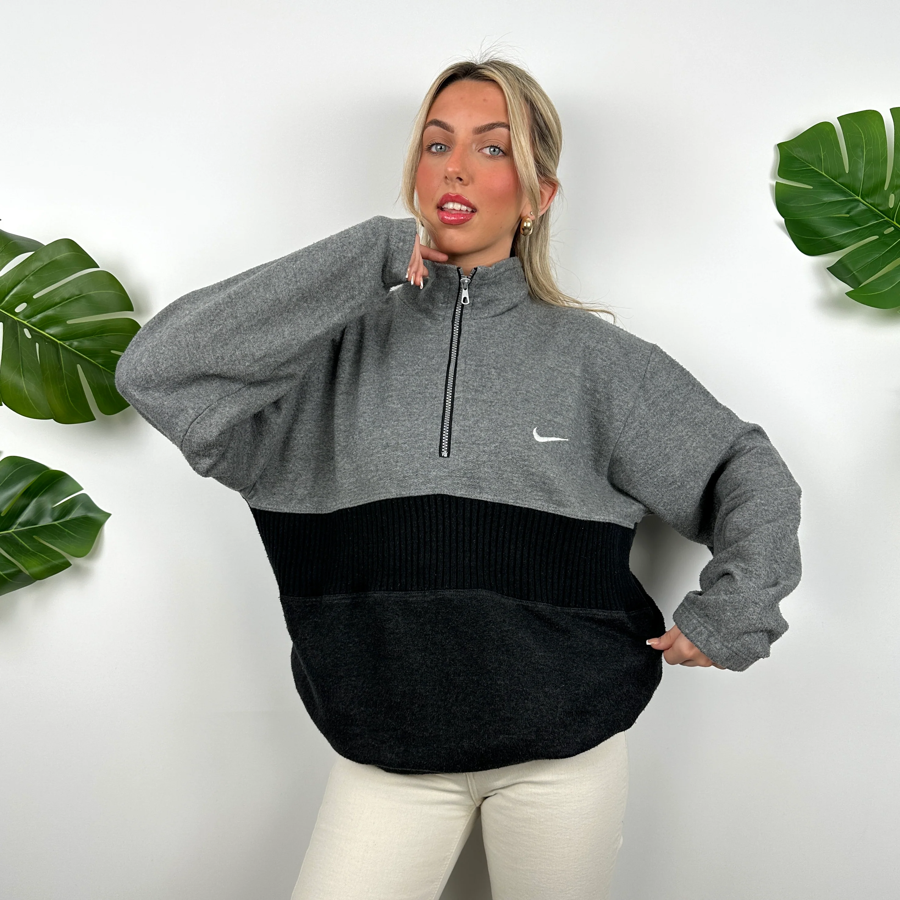 Nike Grey Embroidered Swoosh Quarter Zip Sweatshirt (L) - Image 3