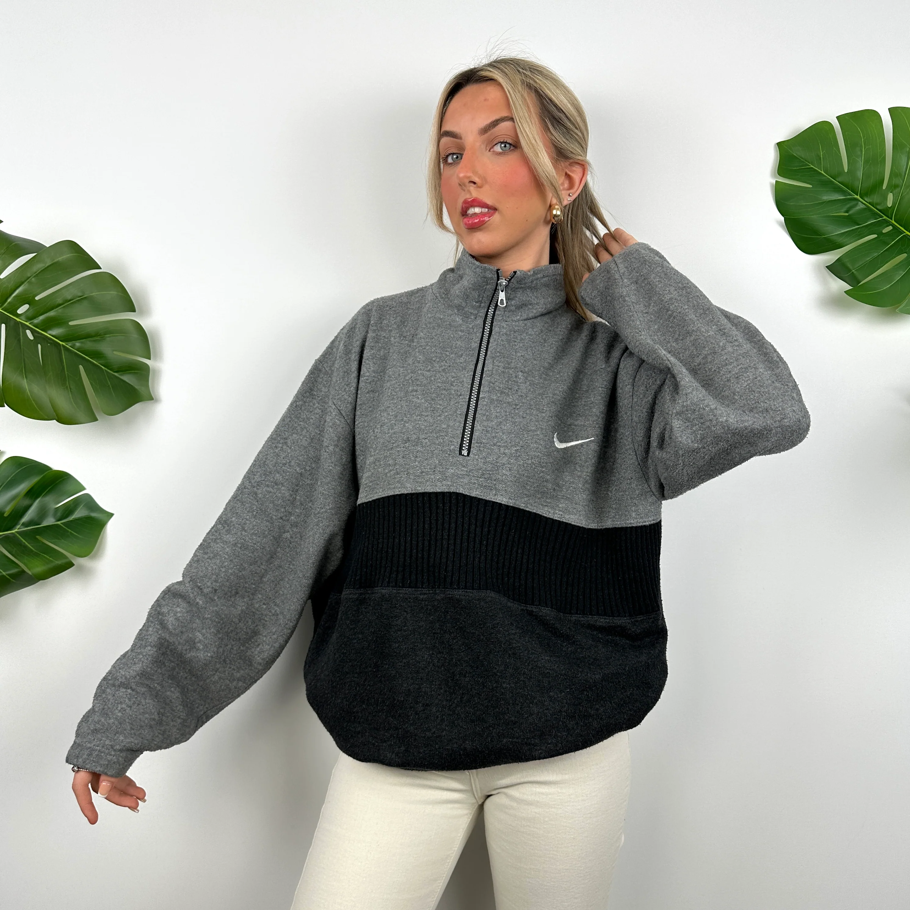 Nike Grey Embroidered Swoosh Quarter Zip Sweatshirt (L) - Image 4