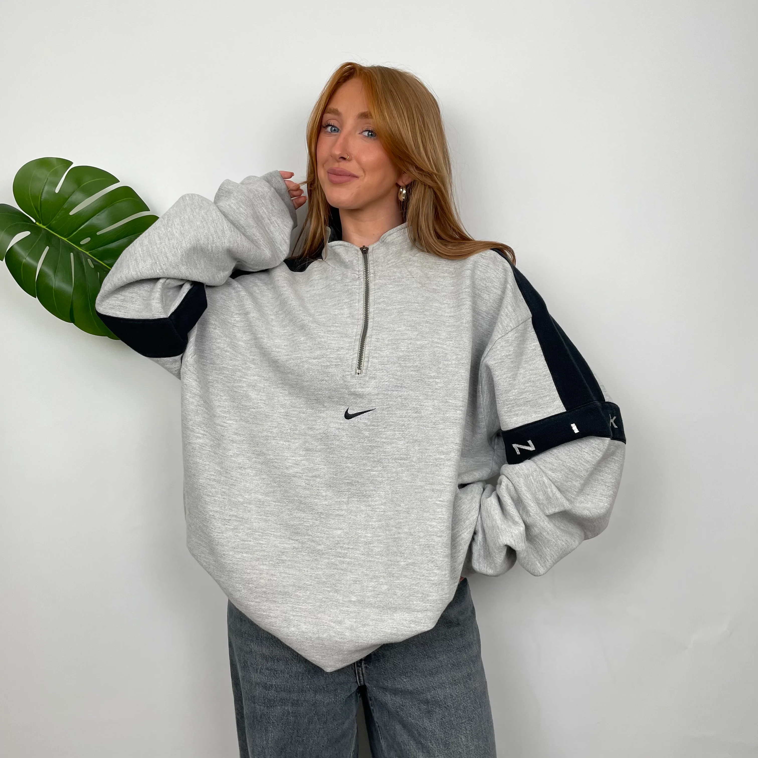 Nike Grey Embroidered Swoosh Quarter Zip Sweatshirt (XXL) - Image 3