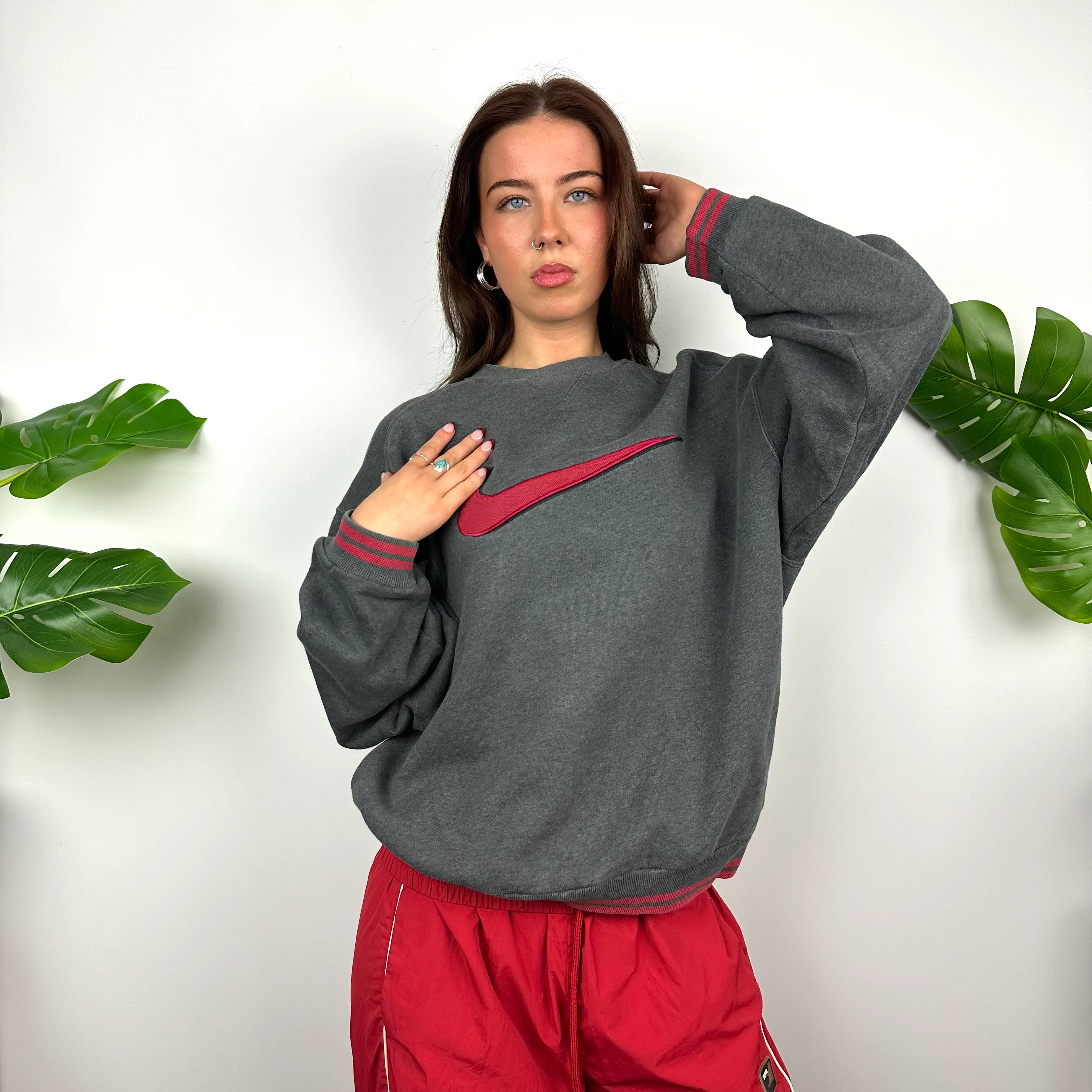Nike Grey Embroidered Swoosh Sweatshirt (M) - Image 3