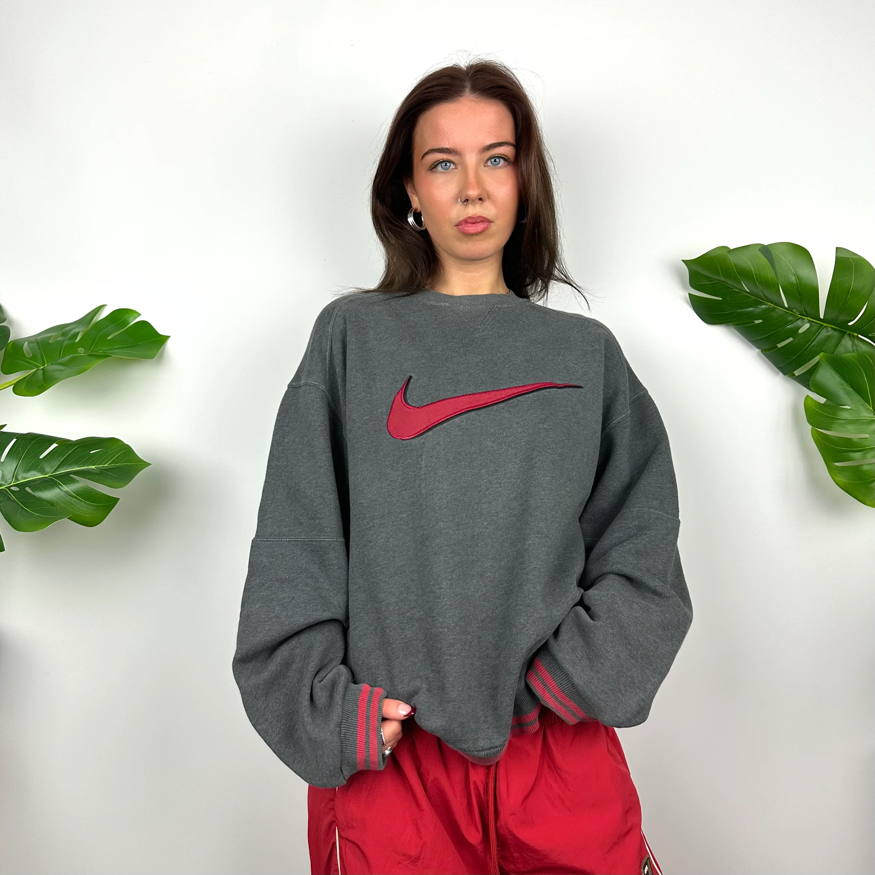 Nike Grey Embroidered Swoosh Sweatshirt (M) - Image 5