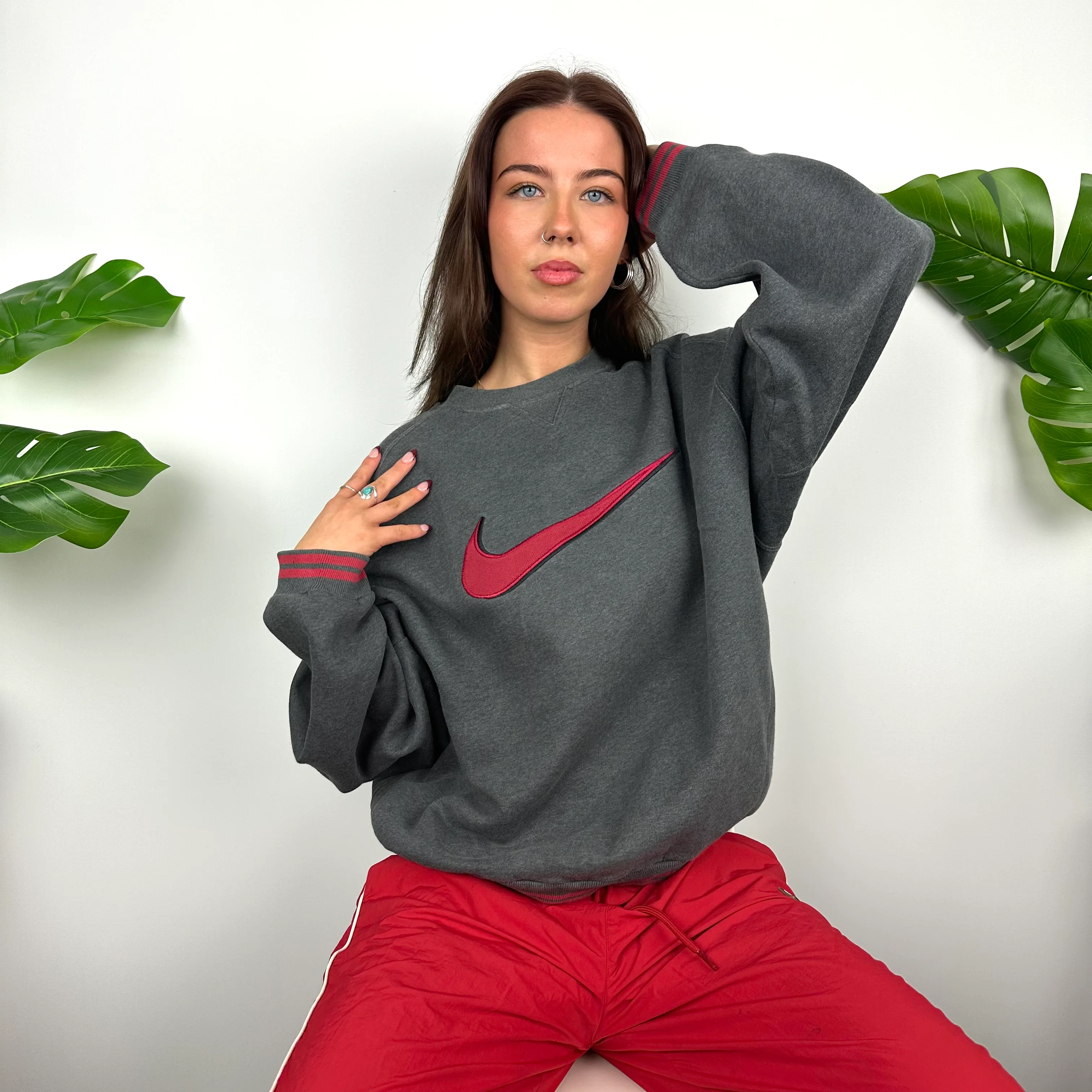 Nike Grey Embroidered Swoosh Sweatshirt (M) - Image 6