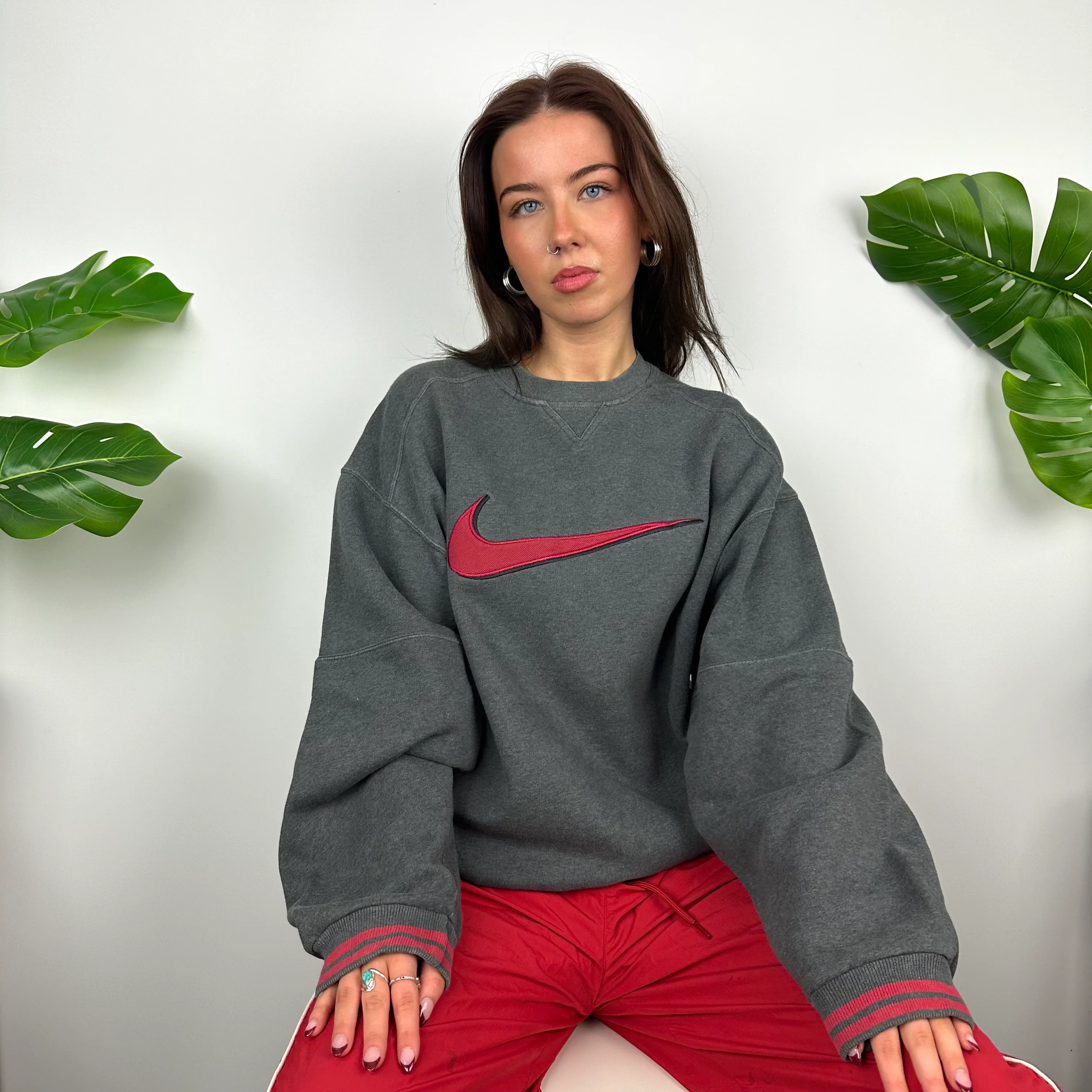 Nike Grey Embroidered Swoosh Sweatshirt (M) - Image 8