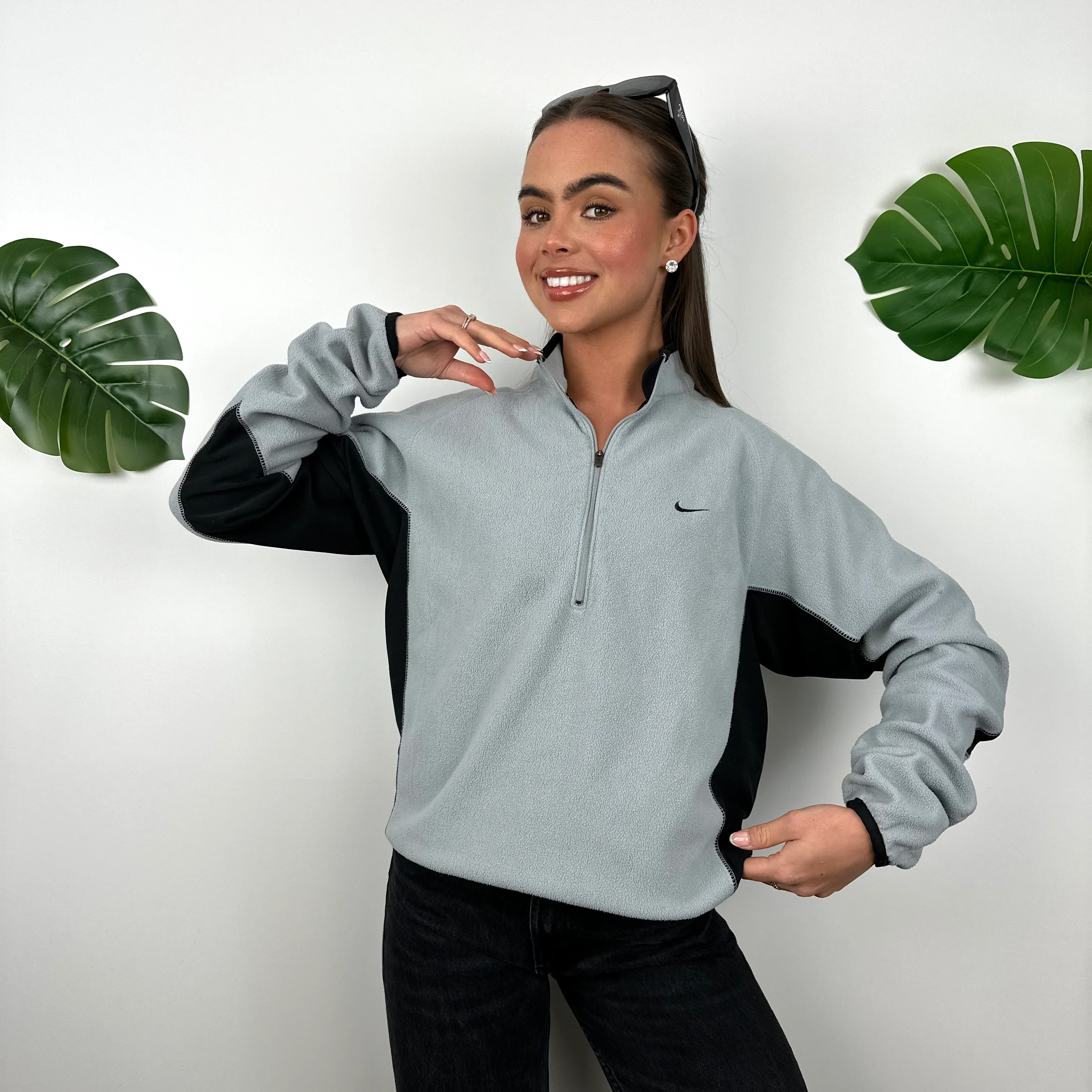 Nike Grey Embroidered Swoosh Teddy Bear Fleece Quarter Zip Sweatshirt (L) - Image 2