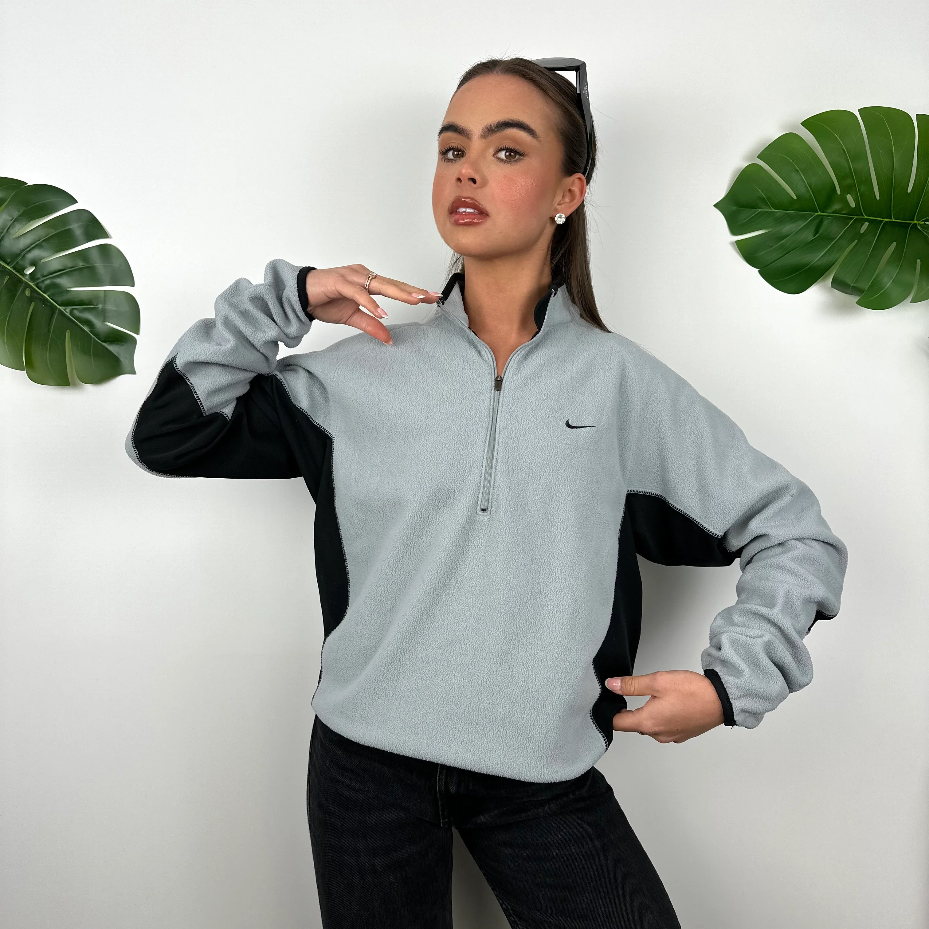 Nike Grey Embroidered Swoosh Teddy Bear Fleece Quarter Zip Sweatshirt (L) - Image 7