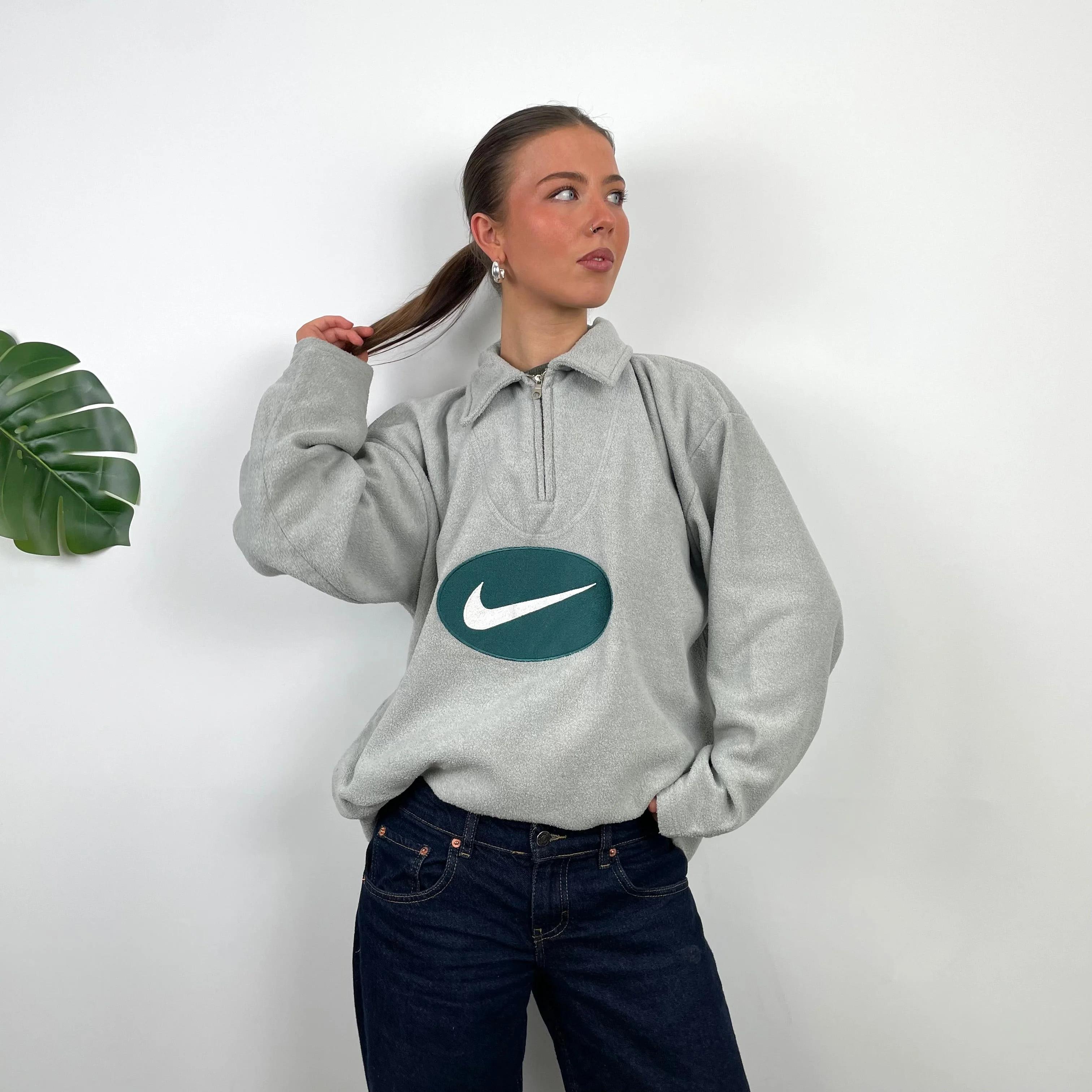Nike Grey Embroidered Swoosh Teddy Bear Fleece Quarter Zip Sweatshirt (L) - Image 3