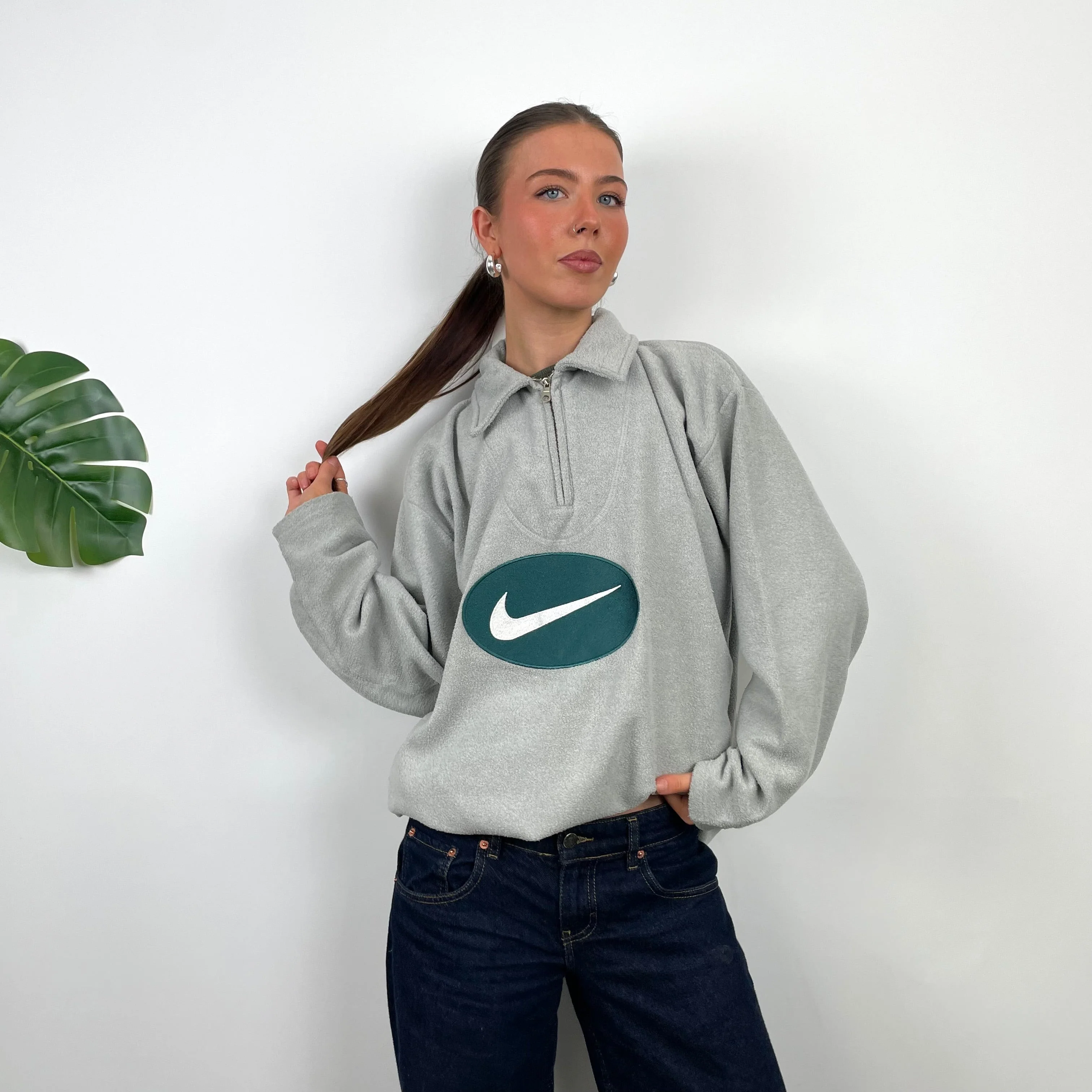 Nike Grey Embroidered Swoosh Teddy Bear Fleece Quarter Zip Sweatshirt (L) - Image 4