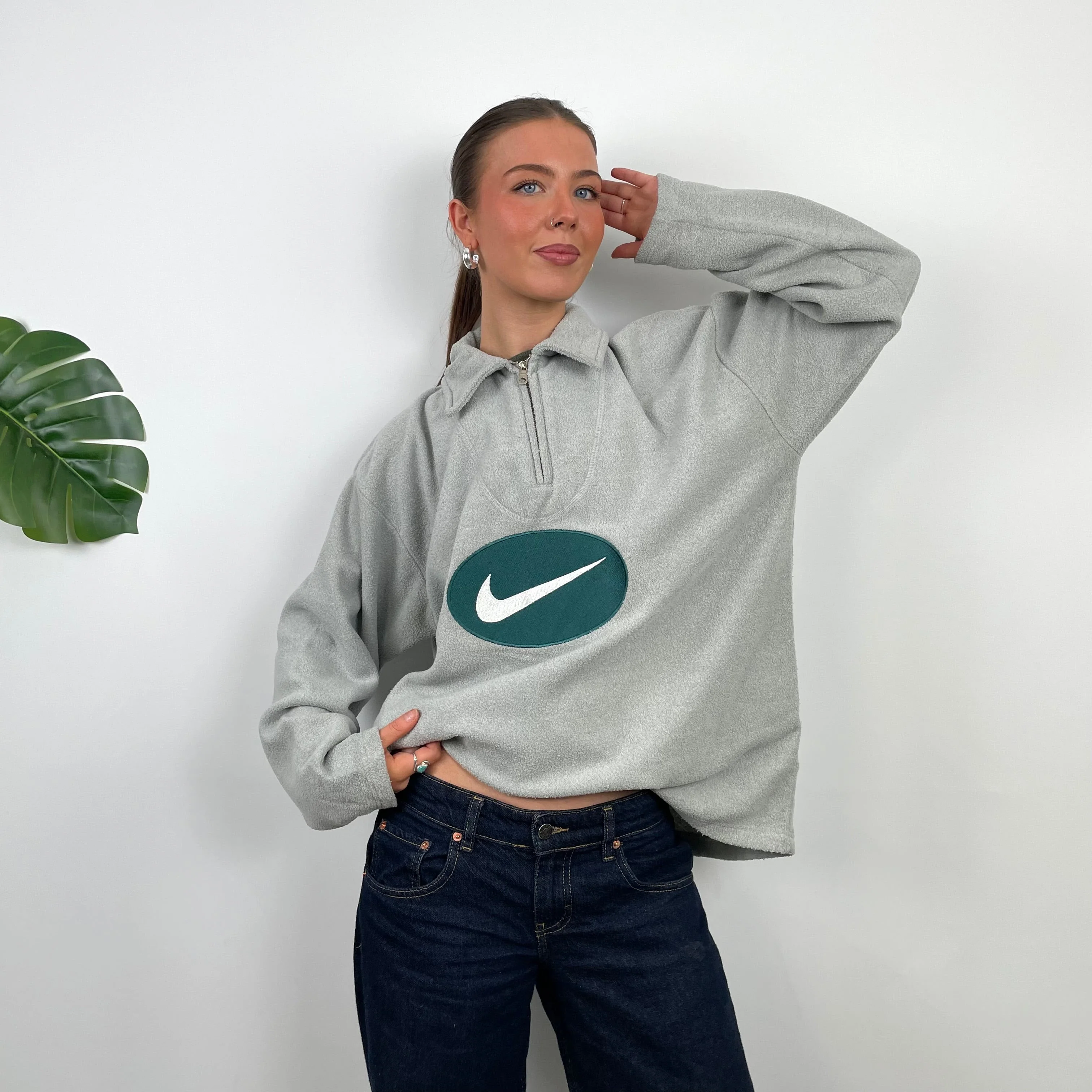 Nike Grey Embroidered Swoosh Teddy Bear Fleece Quarter Zip Sweatshirt (L) - Image 5