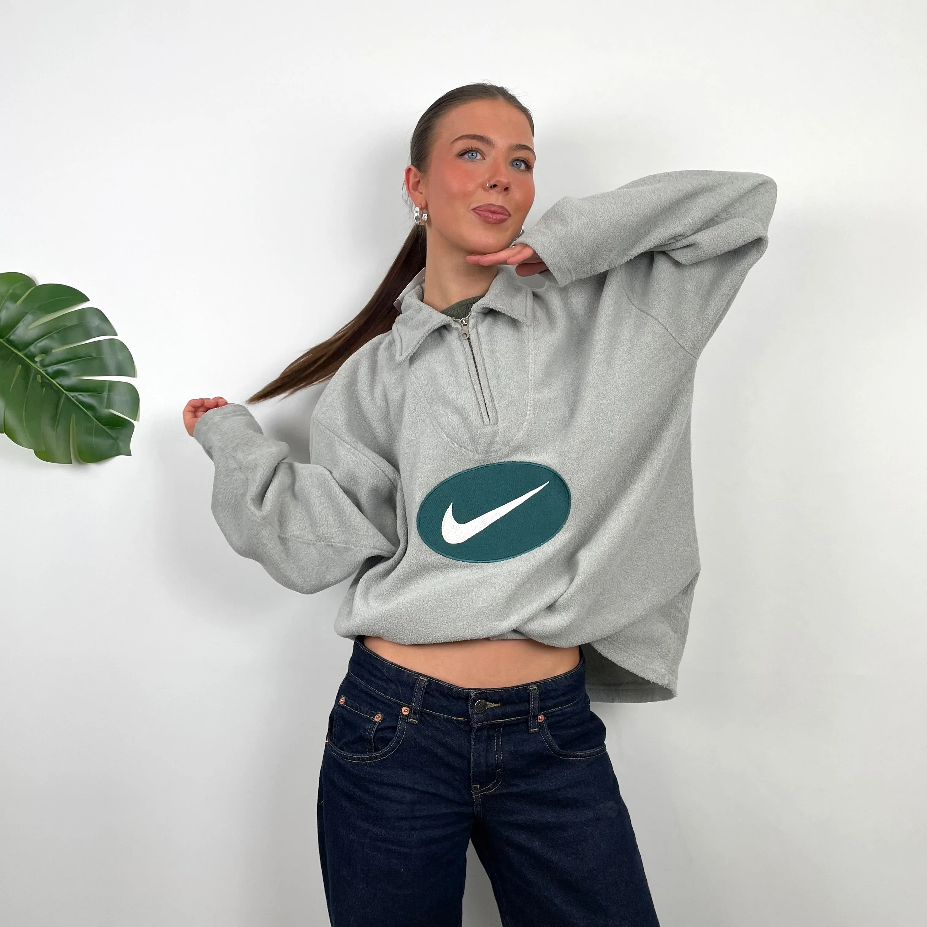 Nike Grey Embroidered Swoosh Teddy Bear Fleece Quarter Zip Sweatshirt (L) - Image 6