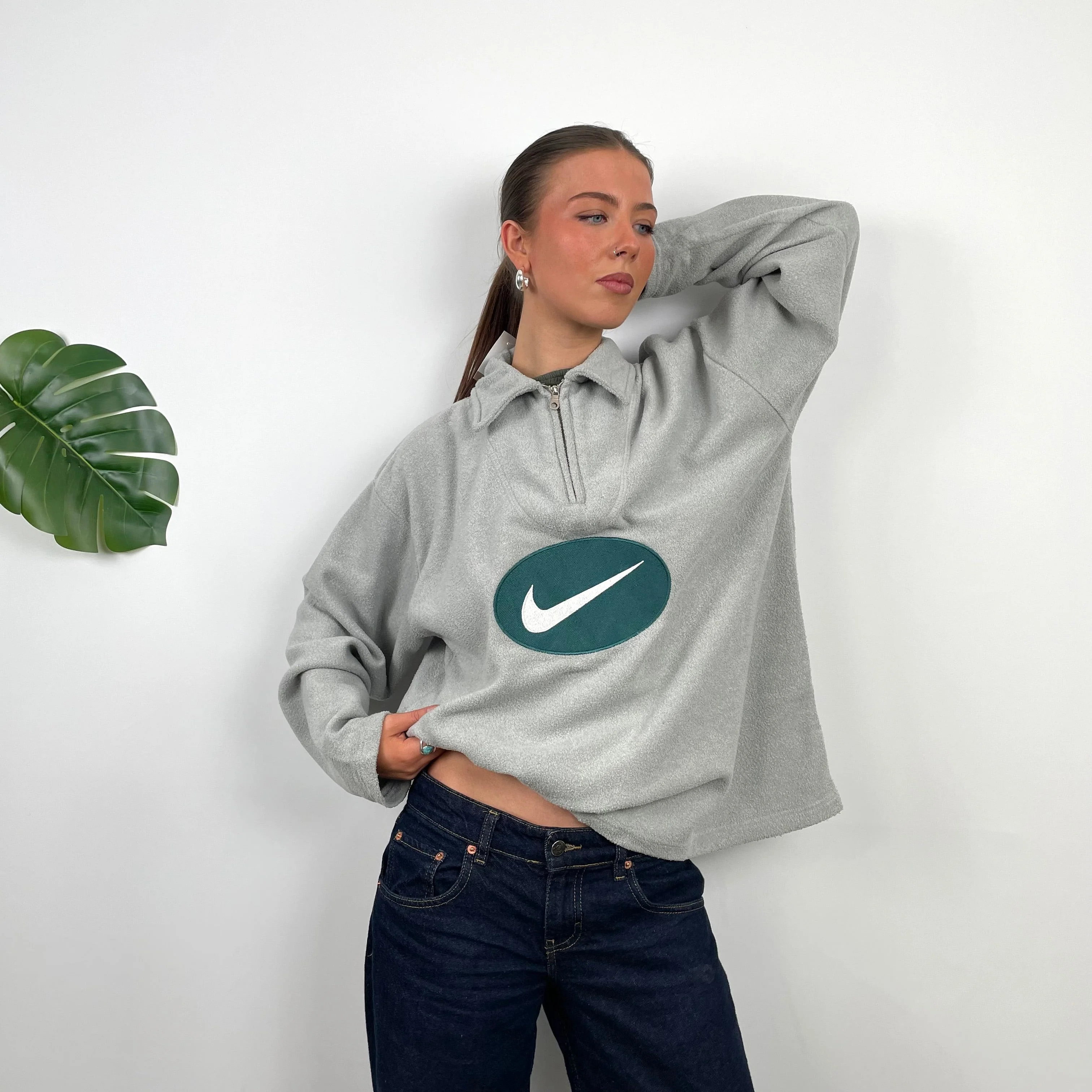 Nike Grey Embroidered Swoosh Teddy Bear Fleece Quarter Zip Sweatshirt (L) - Image 7