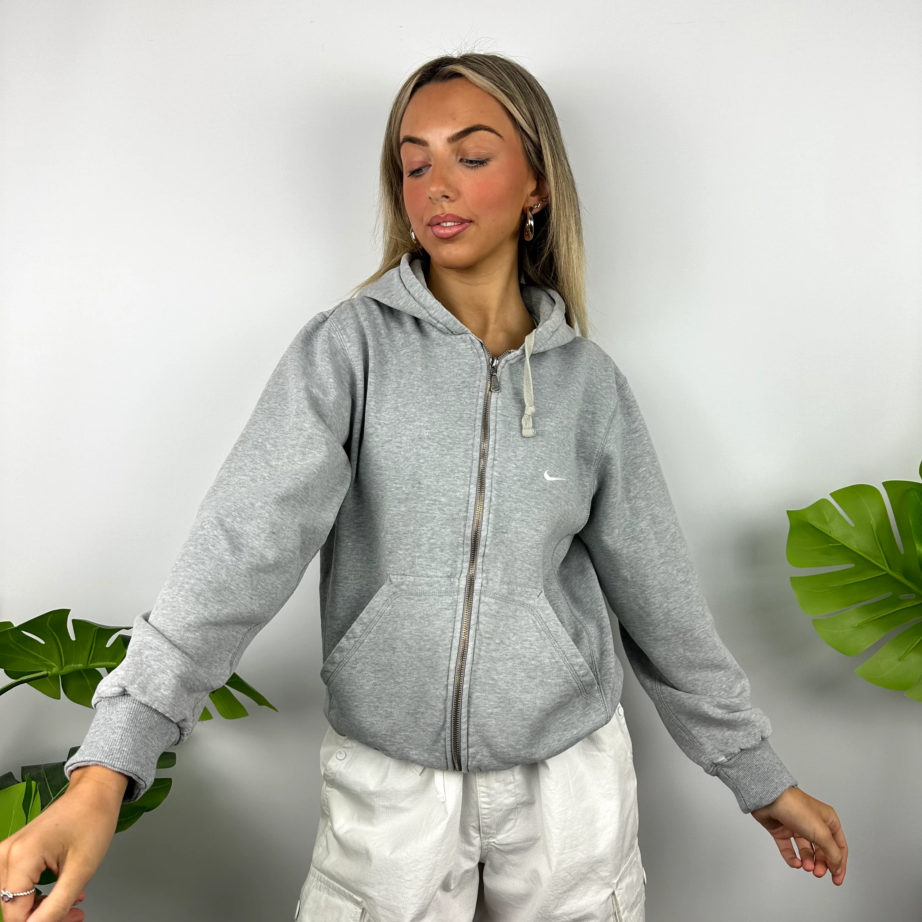 Nike Grey Embroidered Swoosh Zip Up Hoodie Jacket (S) - Image 2
