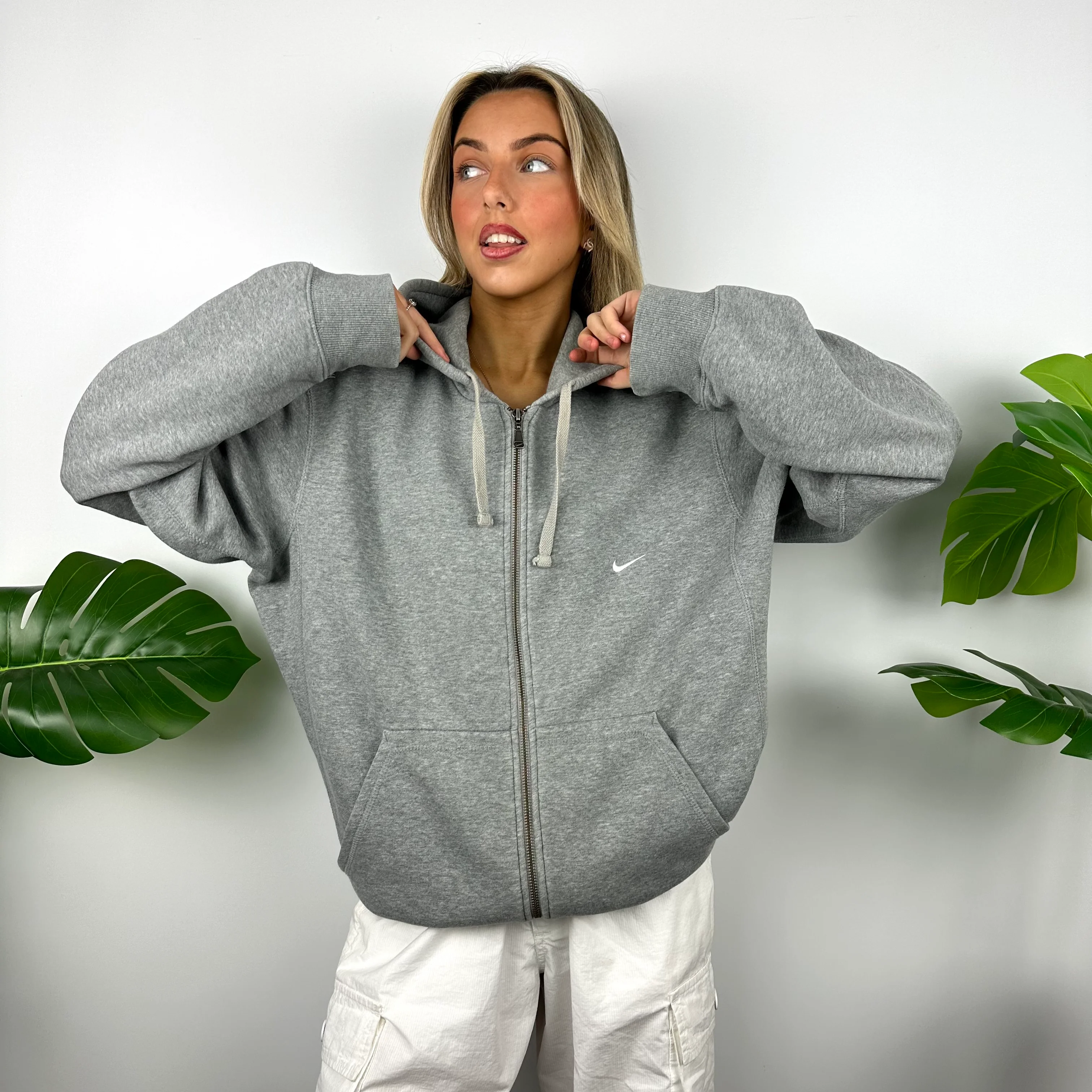 Nike Grey Embroidered Swoosh Zip Up Hoodie Jacket (L) - Image 2