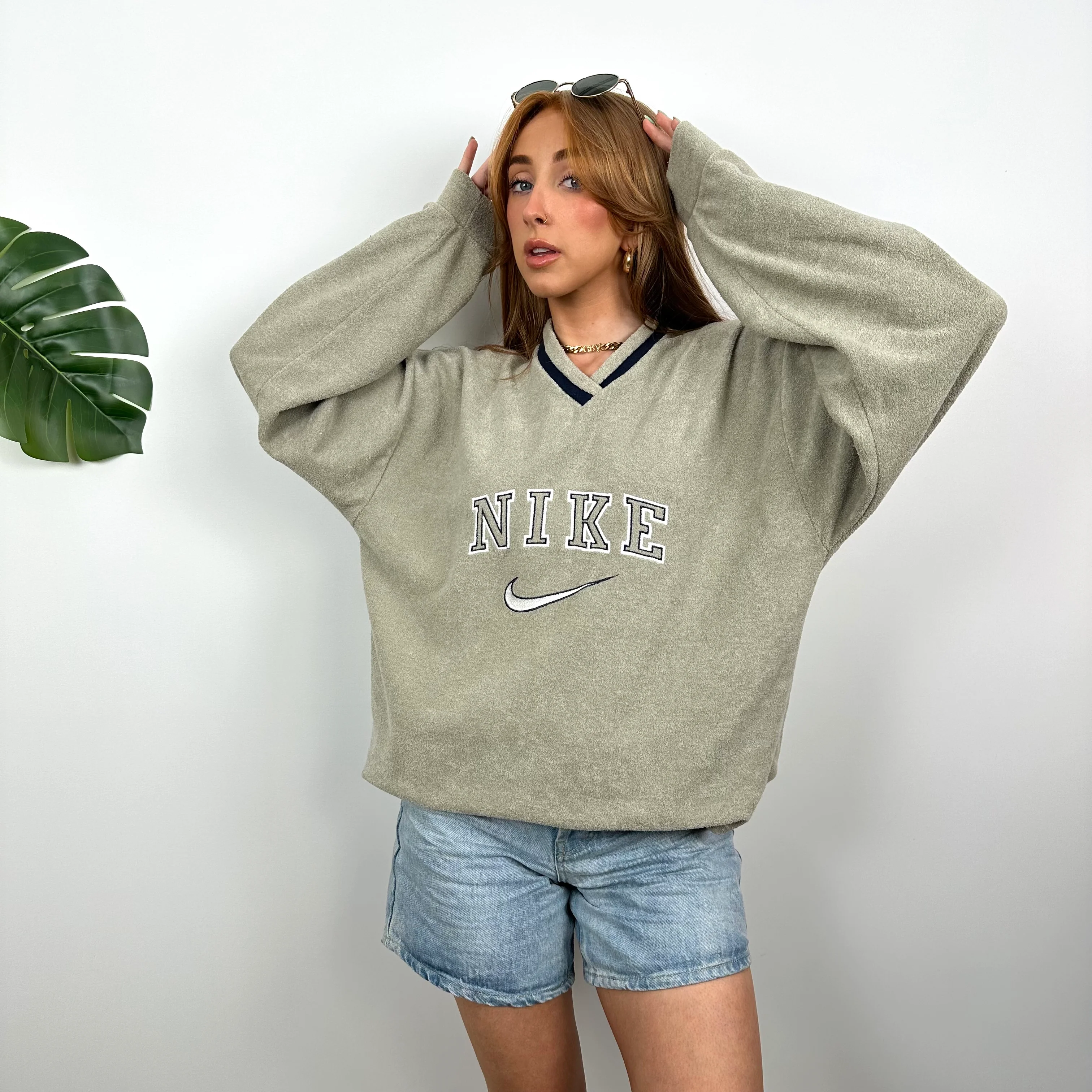 Nike Khaki Embroidered Spell Out Teddy Bear Fleece Sweatshirt (L) - Image 2
