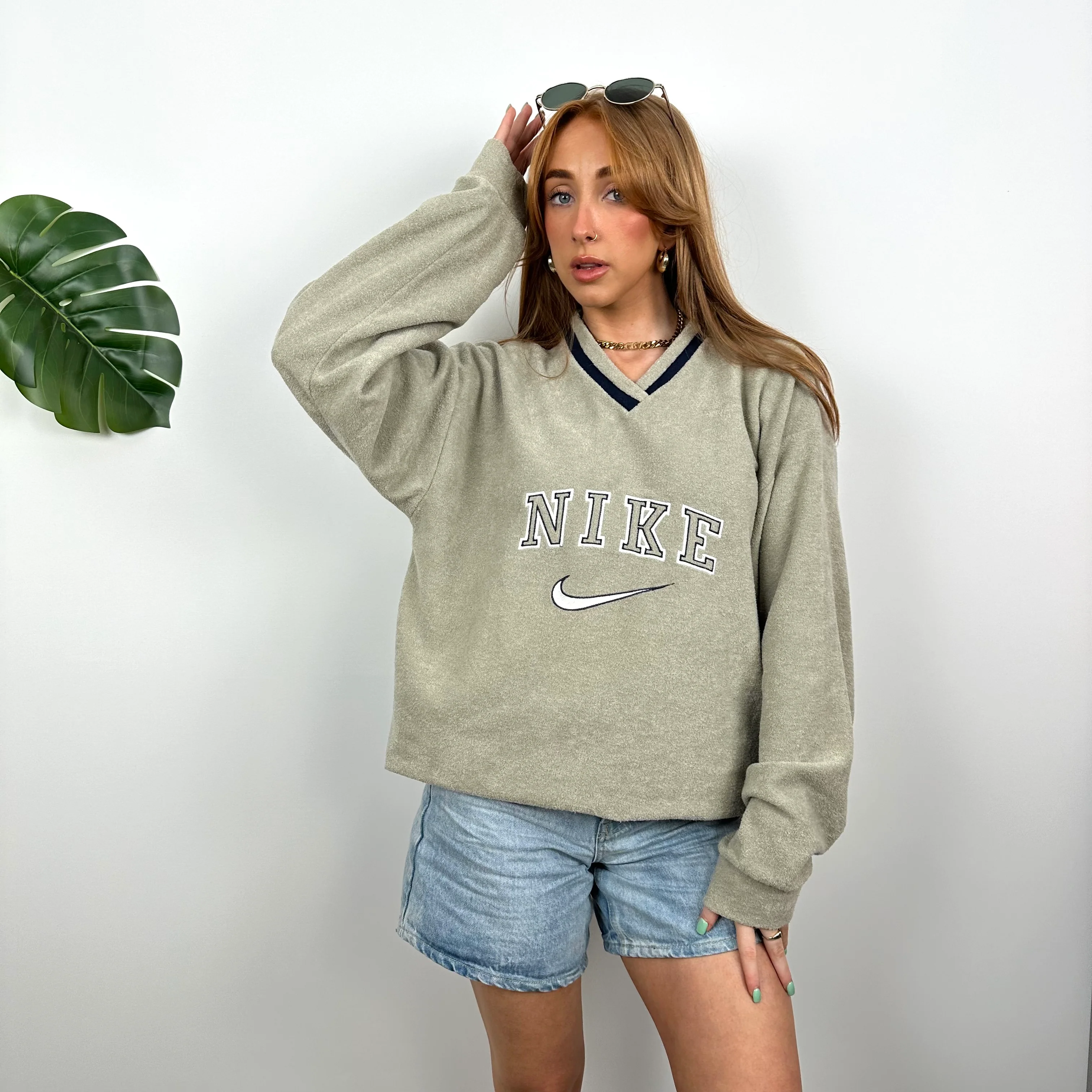 Nike Khaki Embroidered Spell Out Teddy Bear Fleece Sweatshirt (L) - Image 3