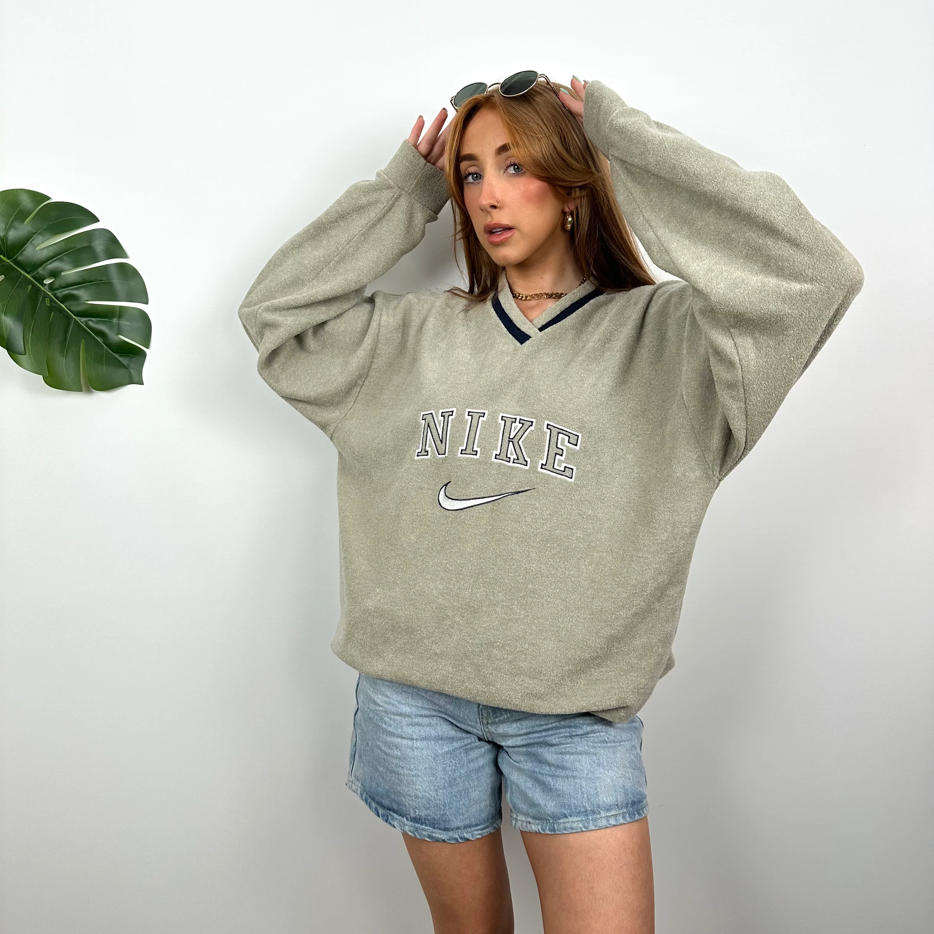 Nike Khaki Embroidered Spell Out Teddy Bear Fleece Sweatshirt (L) - Image 5