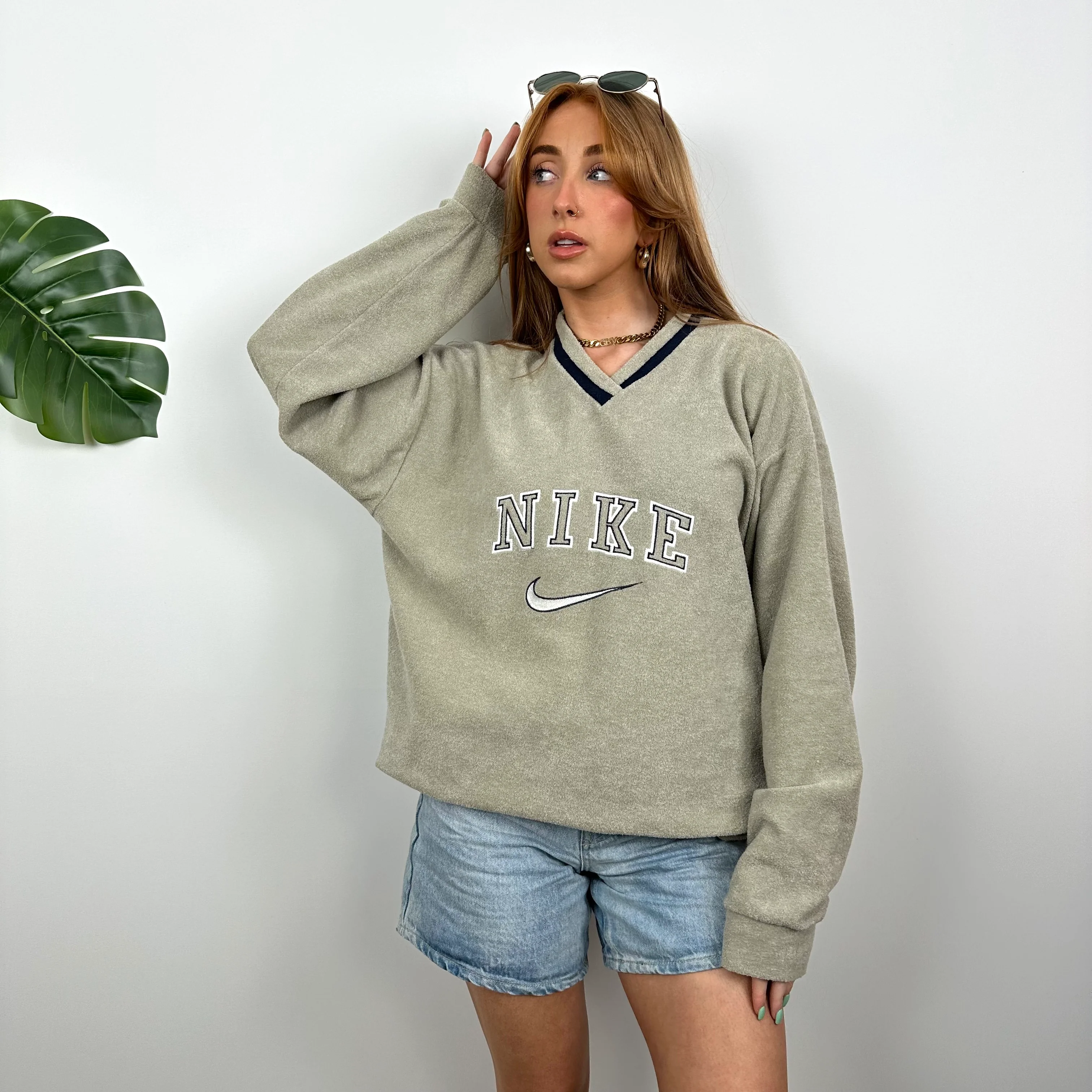 Nike Khaki Embroidered Spell Out Teddy Bear Fleece Sweatshirt (L) - Image 6