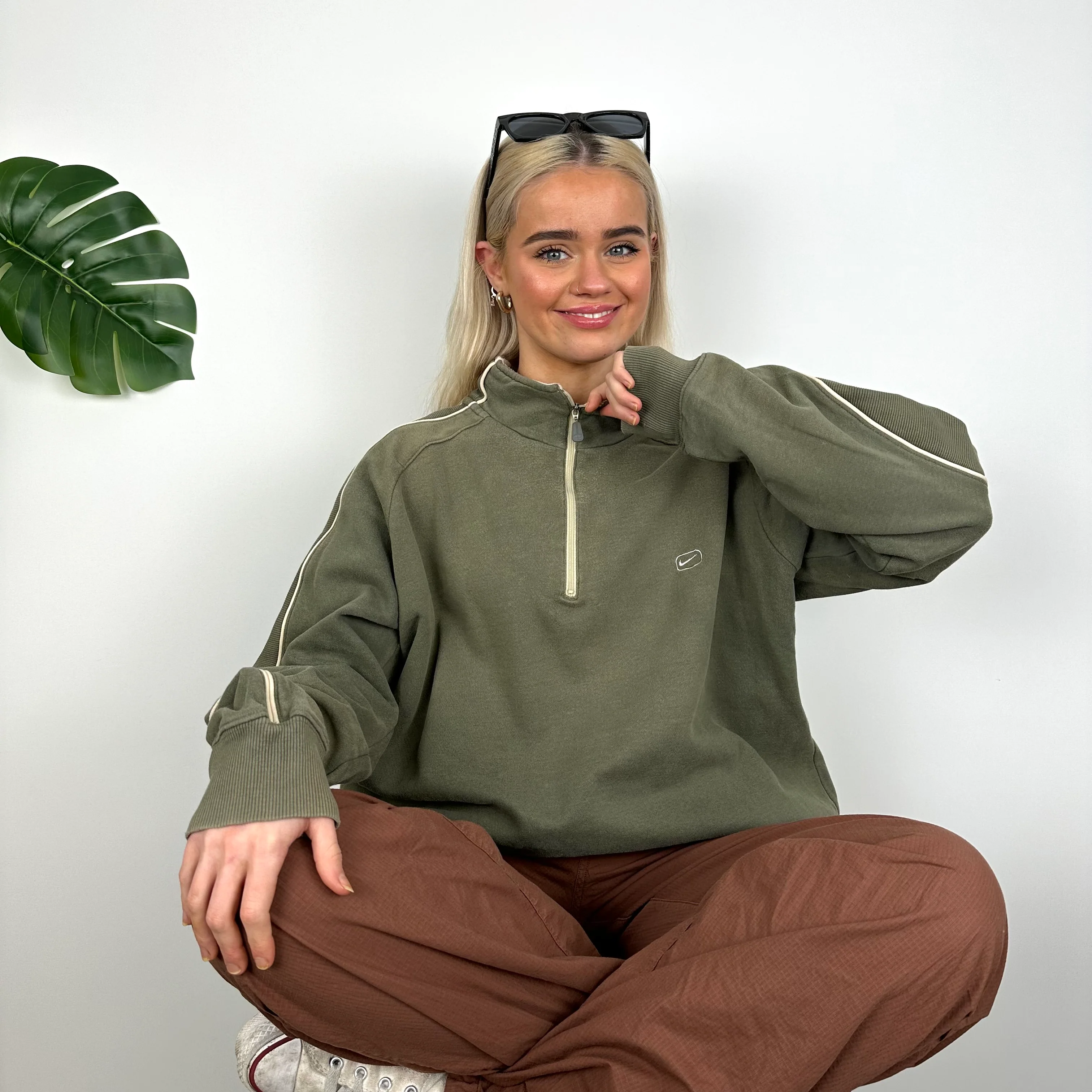 Nike Khaki Embroidered Swoosh Quarter Zip Sweatshirt (M) - Image 2