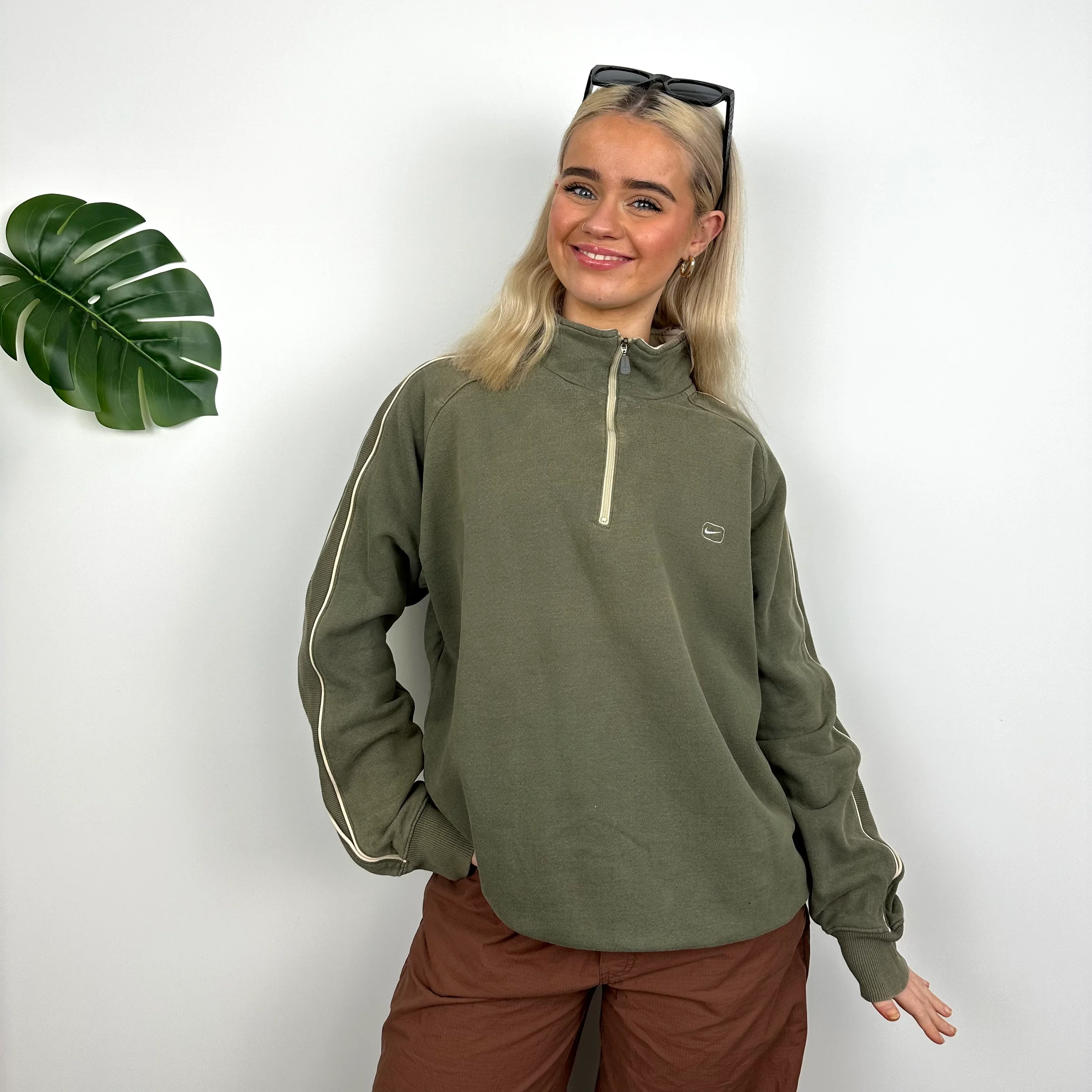 Nike Khaki Embroidered Swoosh Quarter Zip Sweatshirt (M) - Image 4