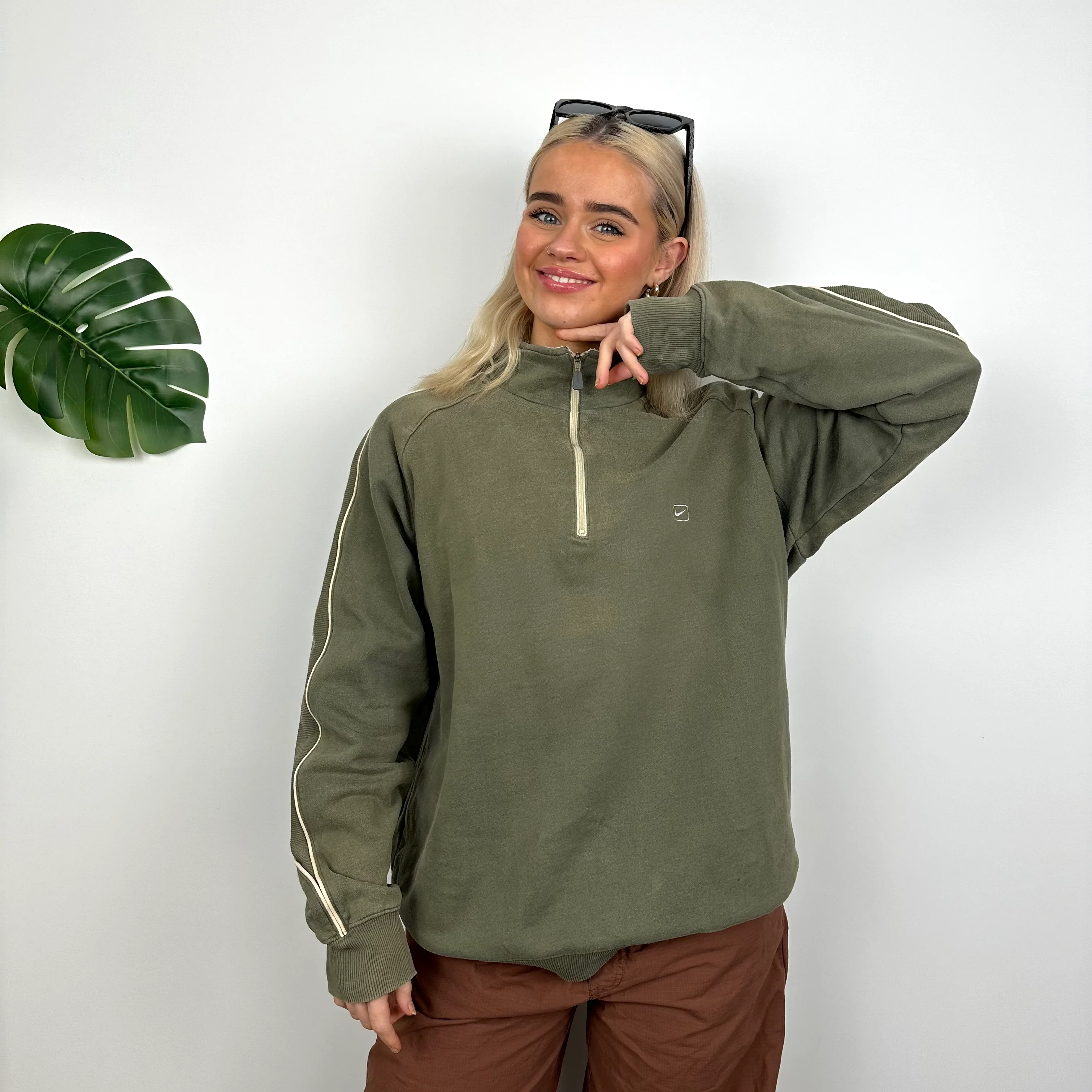Nike Khaki Embroidered Swoosh Quarter Zip Sweatshirt (M) - Image 5