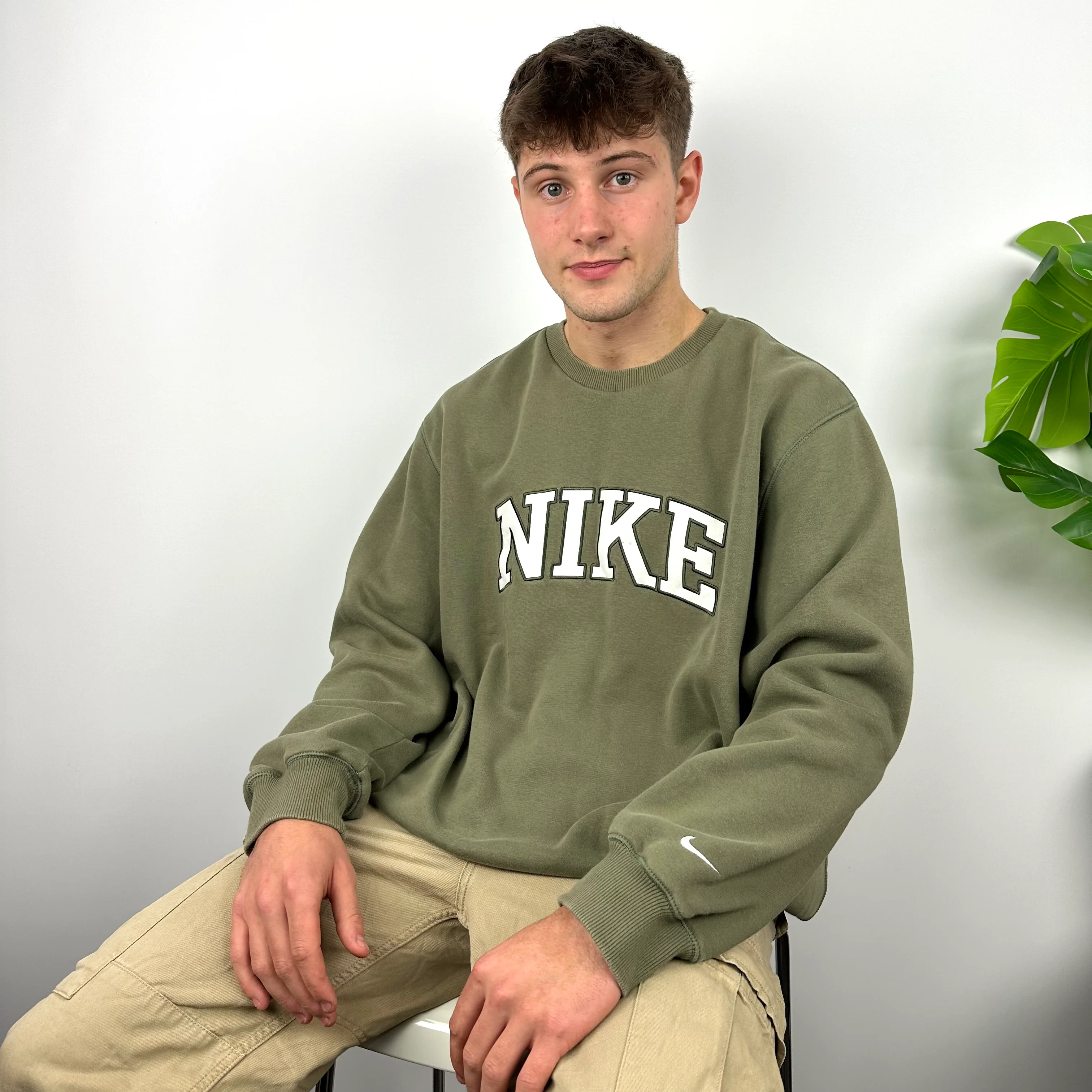 Nike Khaki Green Embroidered Spell Out Sweatshirt (XL)