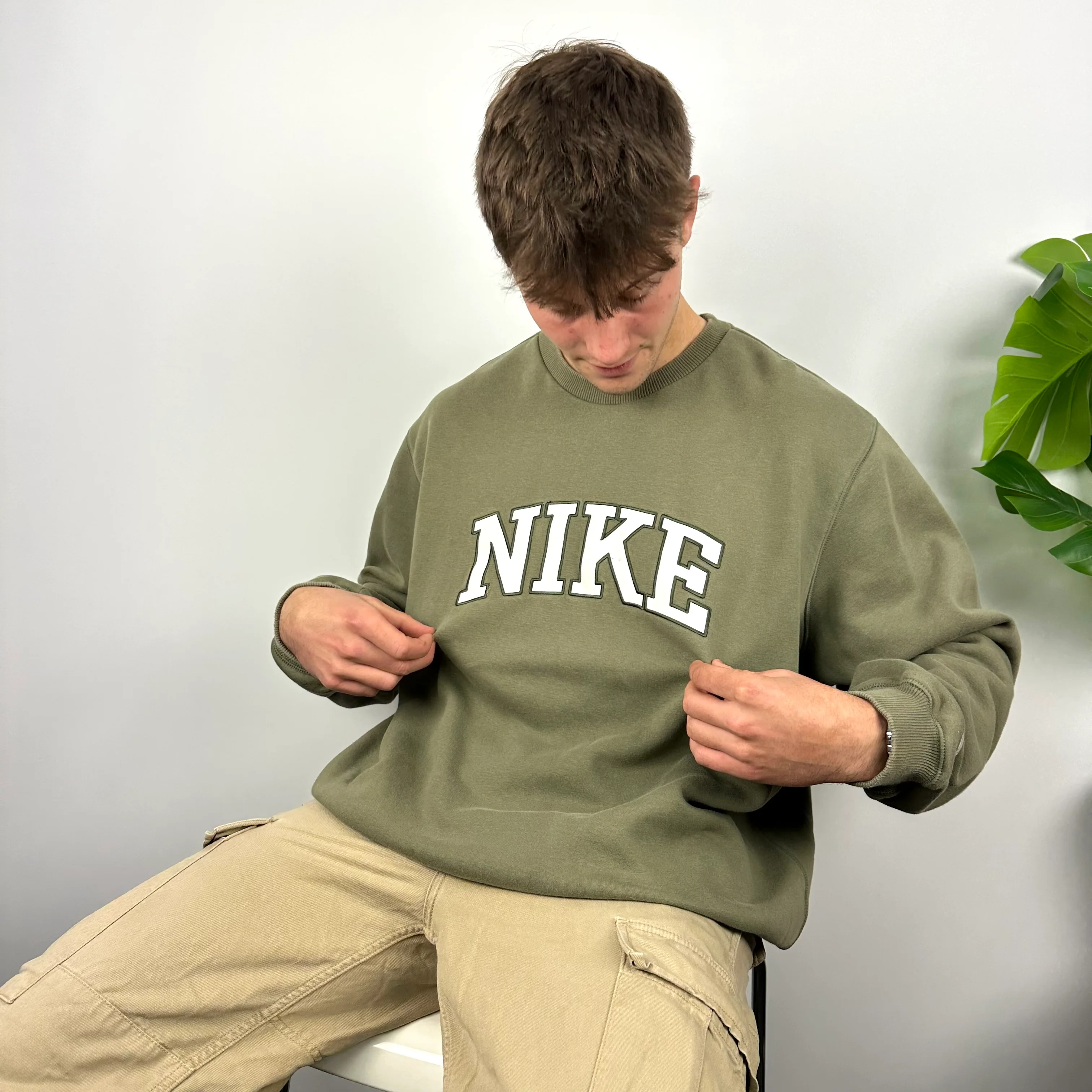 Nike Khaki Green Embroidered Spell Out Sweatshirt (XL) - Image 2