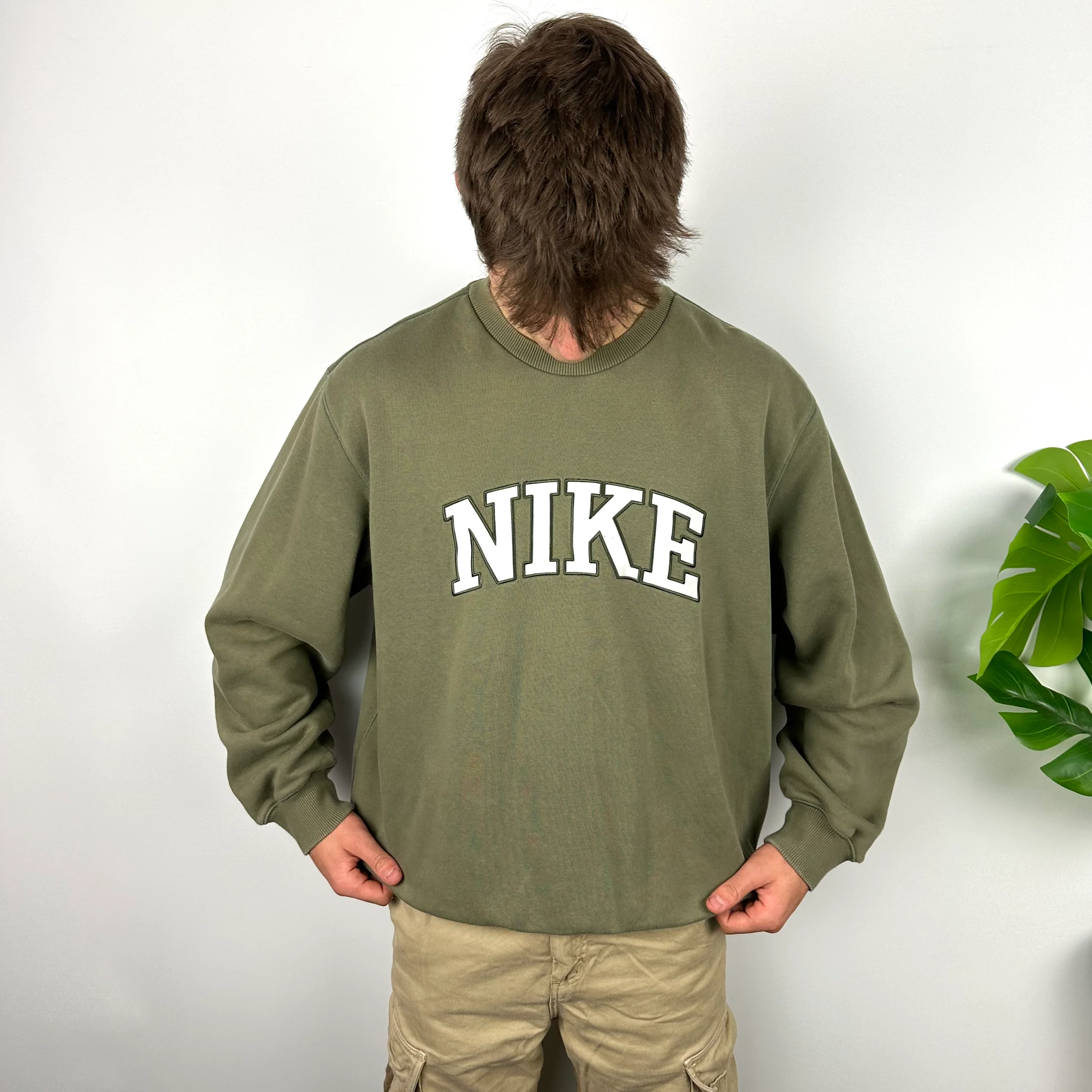 Nike Khaki Green Embroidered Spell Out Sweatshirt (XL) - Image 3