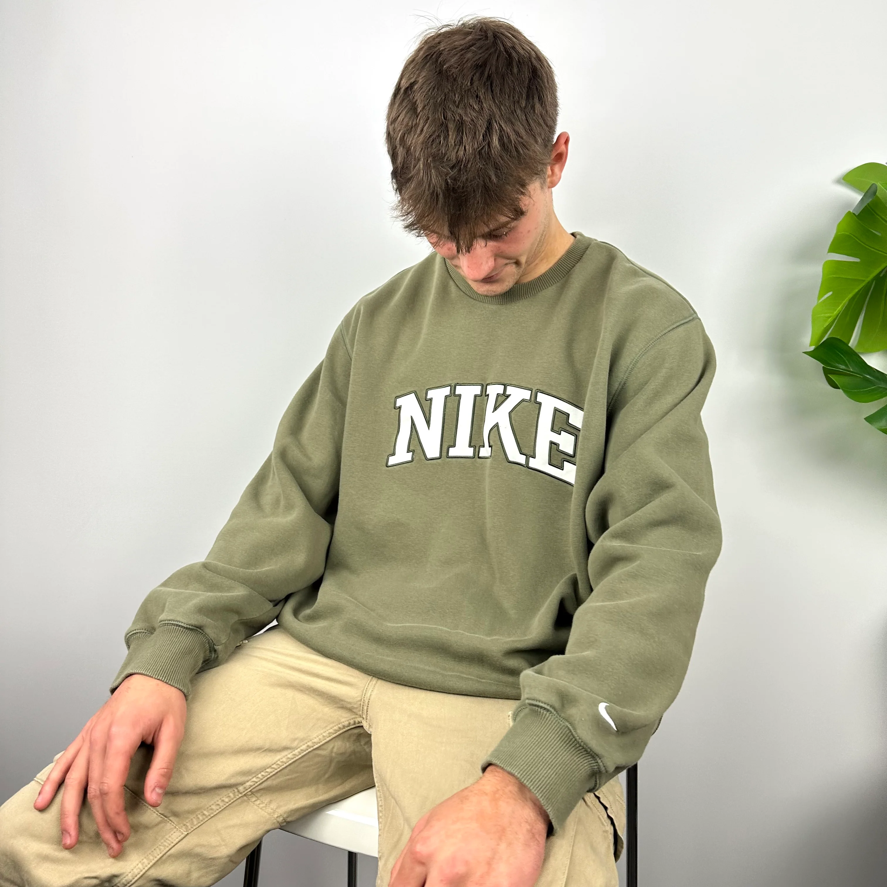 Nike Khaki Green Embroidered Spell Out Sweatshirt (XL) - Image 5
