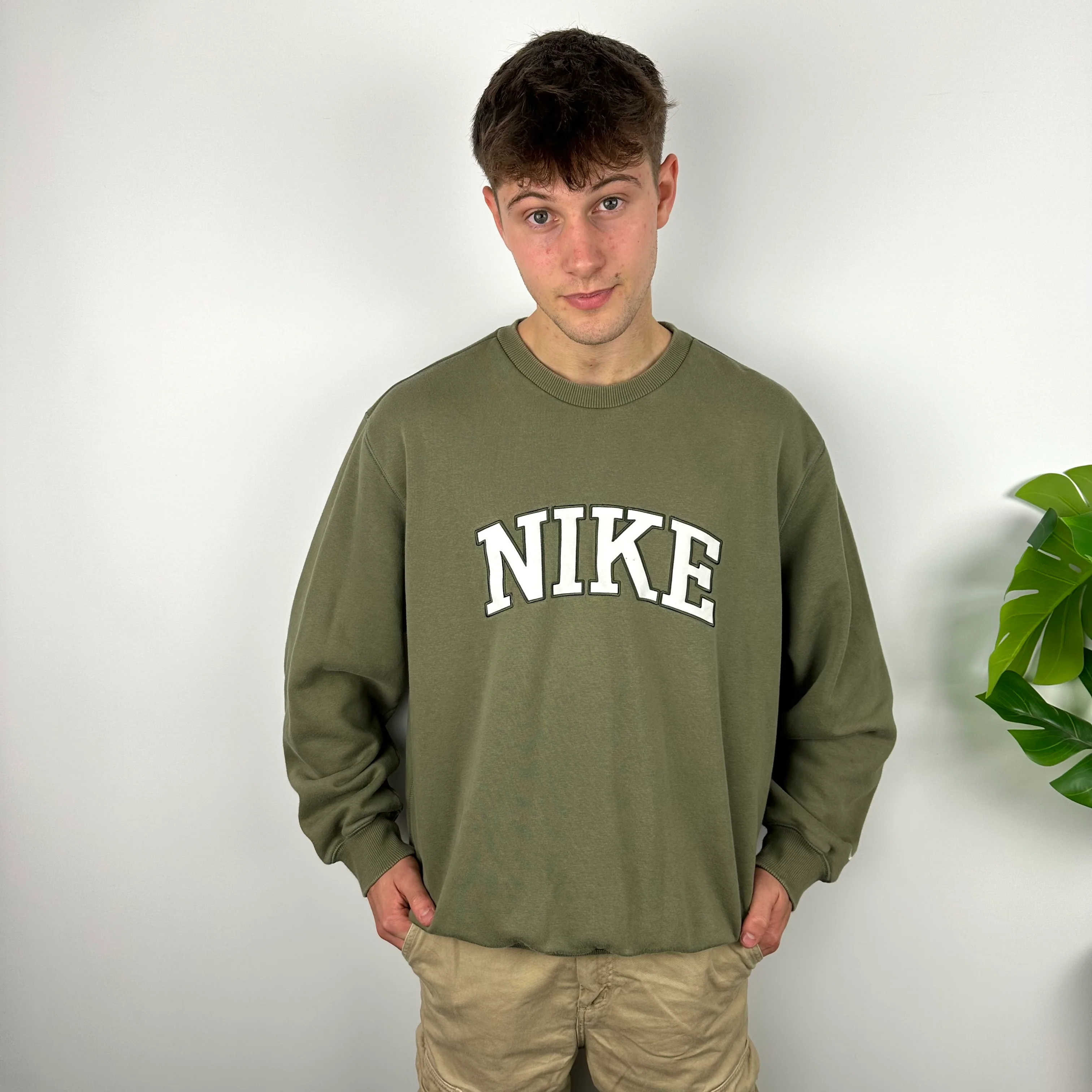 Nike Khaki Green Embroidered Spell Out Sweatshirt (XL) - Image 7
