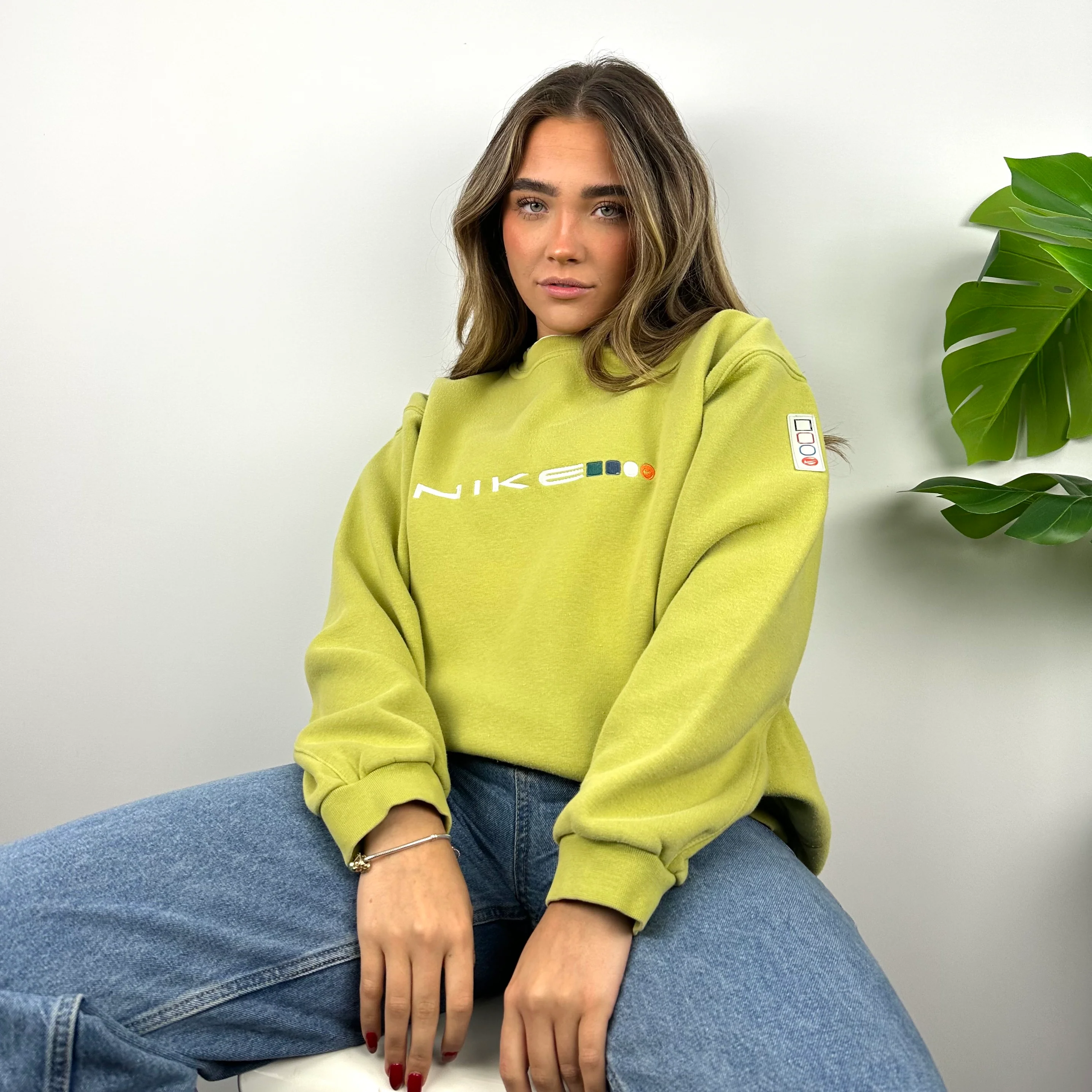Nike Lime Green Embroidered Spell Out Sweatshirt (S) - Image 2