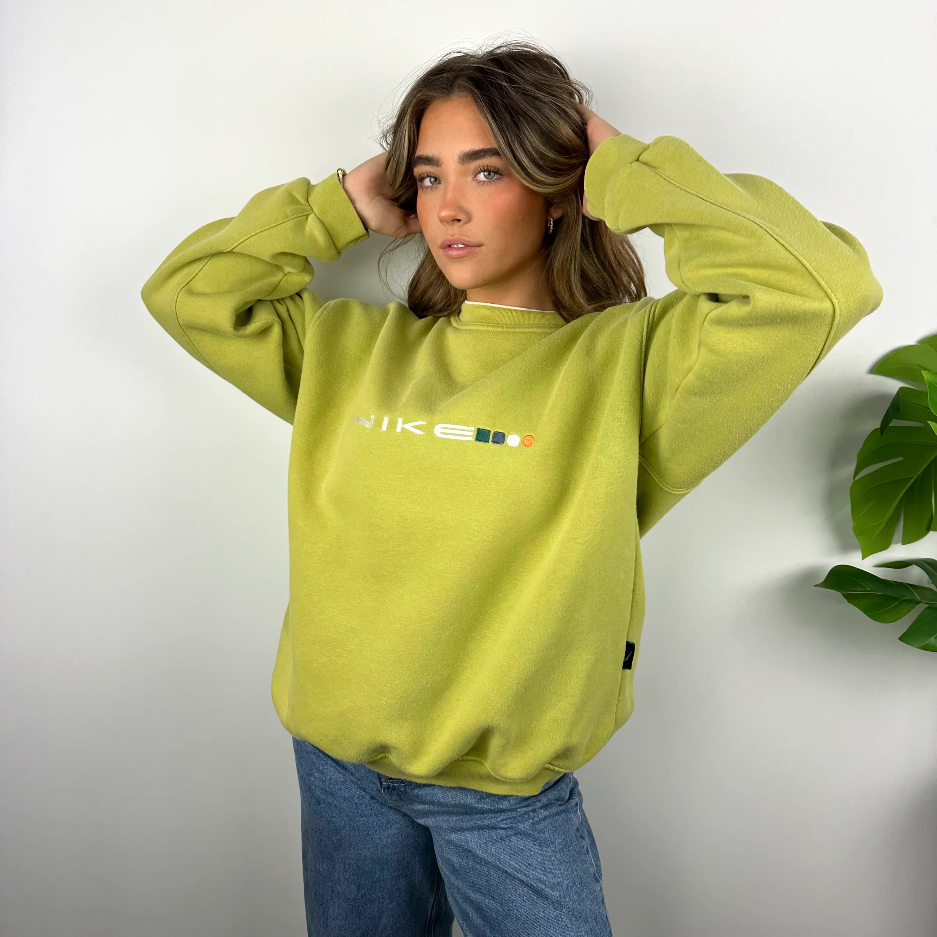 Nike Lime Green Embroidered Spell Out Sweatshirt (S) - Image 3
