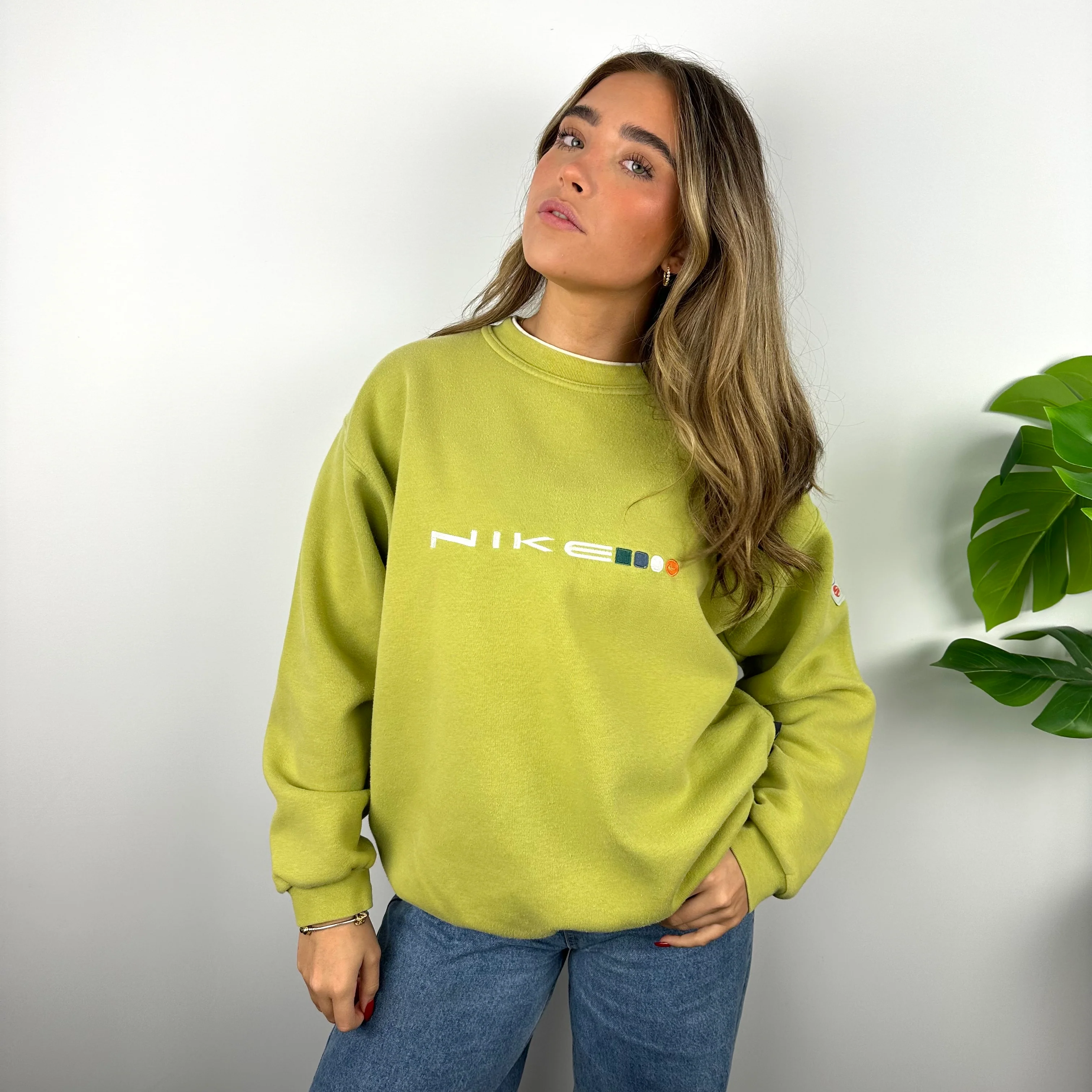Nike Lime Green Embroidered Spell Out Sweatshirt (S) - Image 5
