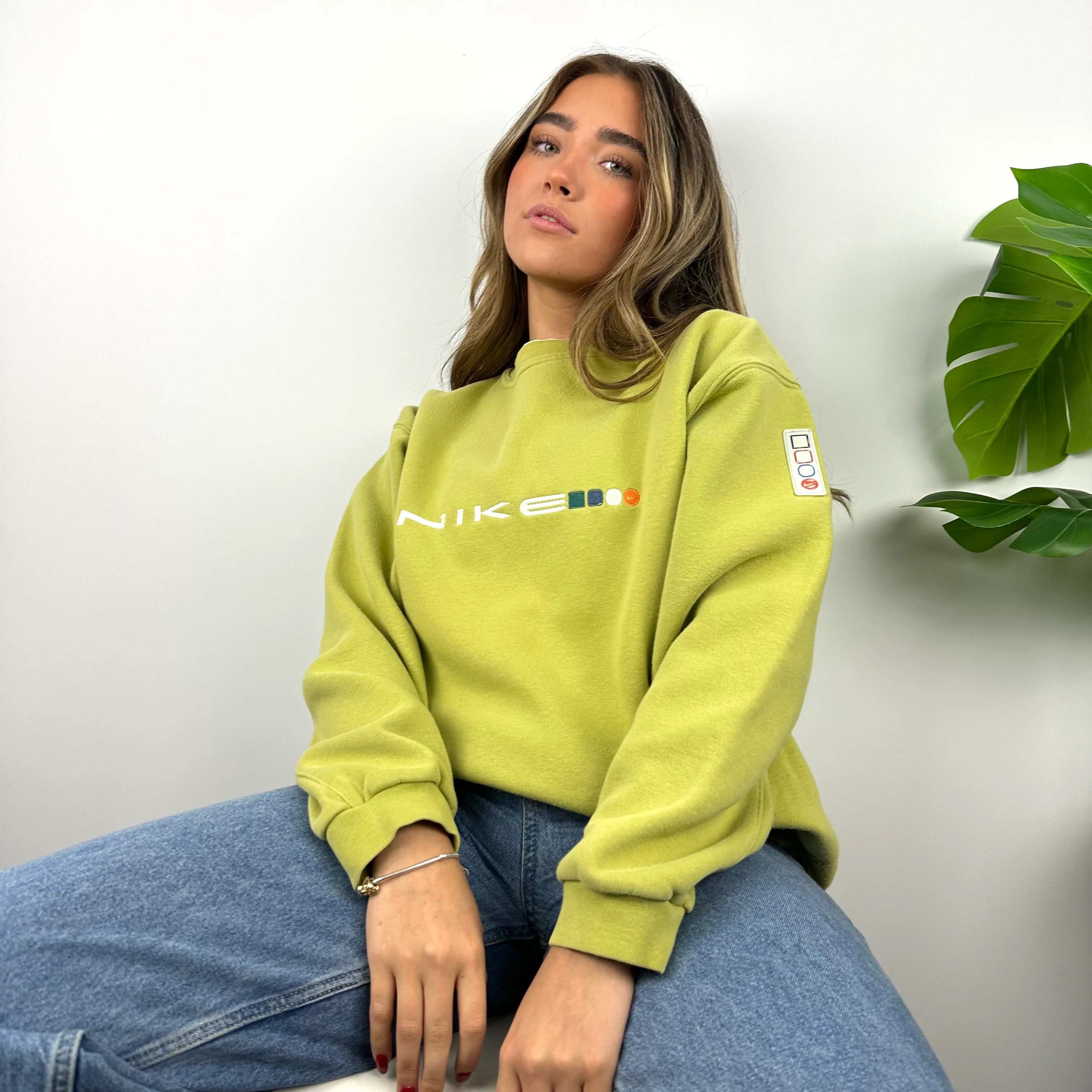 Nike Lime Green Embroidered Spell Out Sweatshirt (S) - Image 7