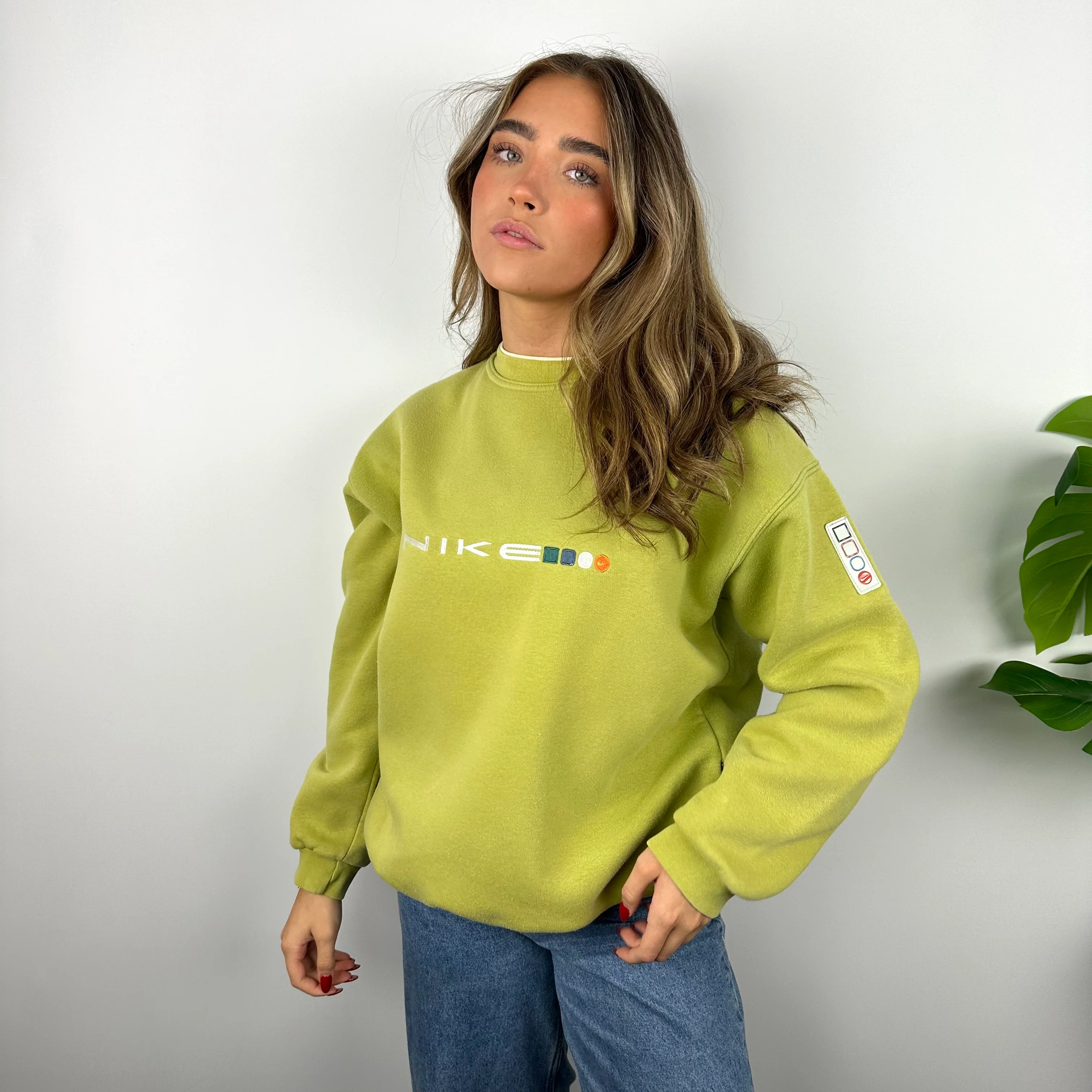 Nike Lime Green Embroidered Spell Out Sweatshirt (S) - Image 9