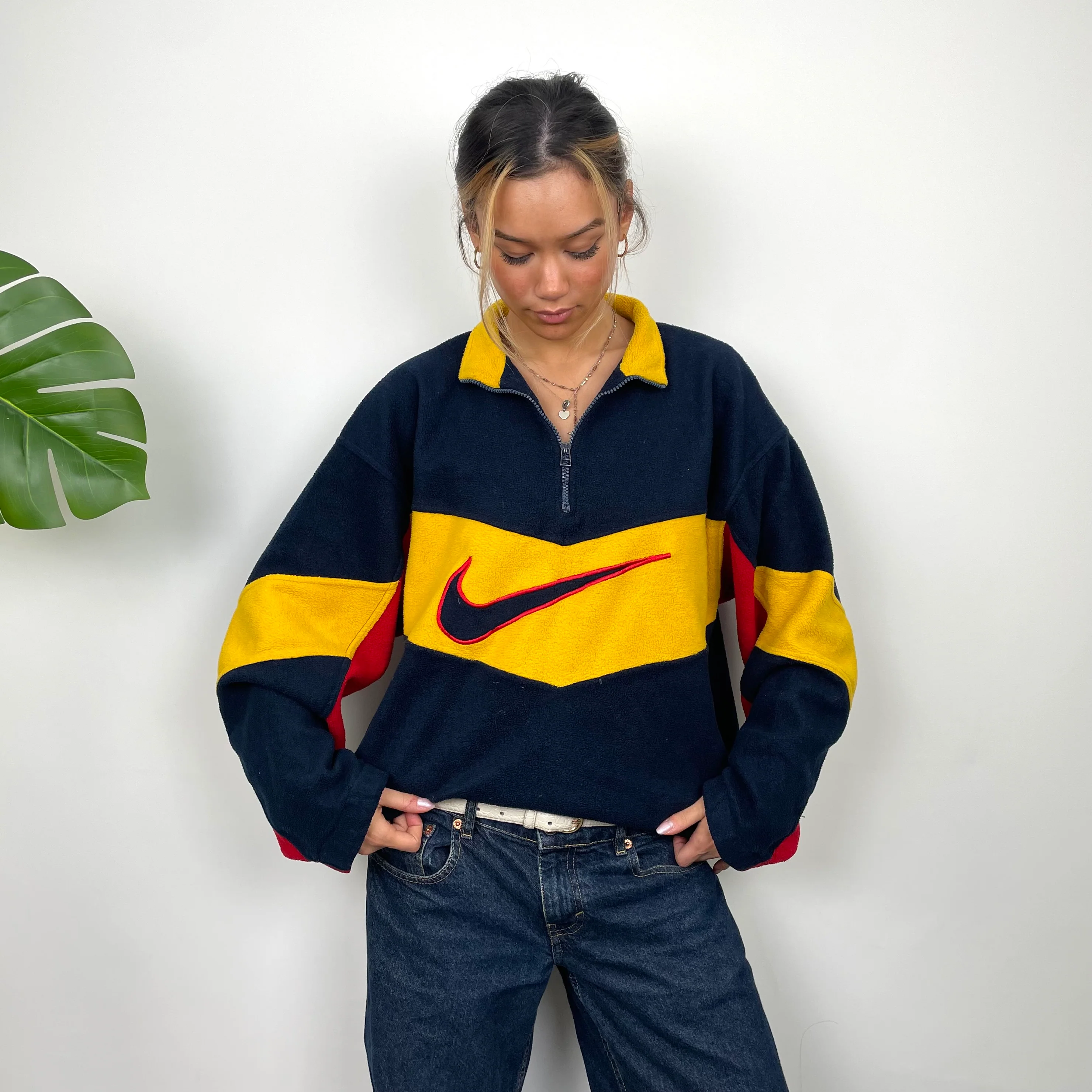 Nike Navy and Yellow Embroidered Spell Out Teddy Bear Fleece Quarter Zip Sweatshirt (L)