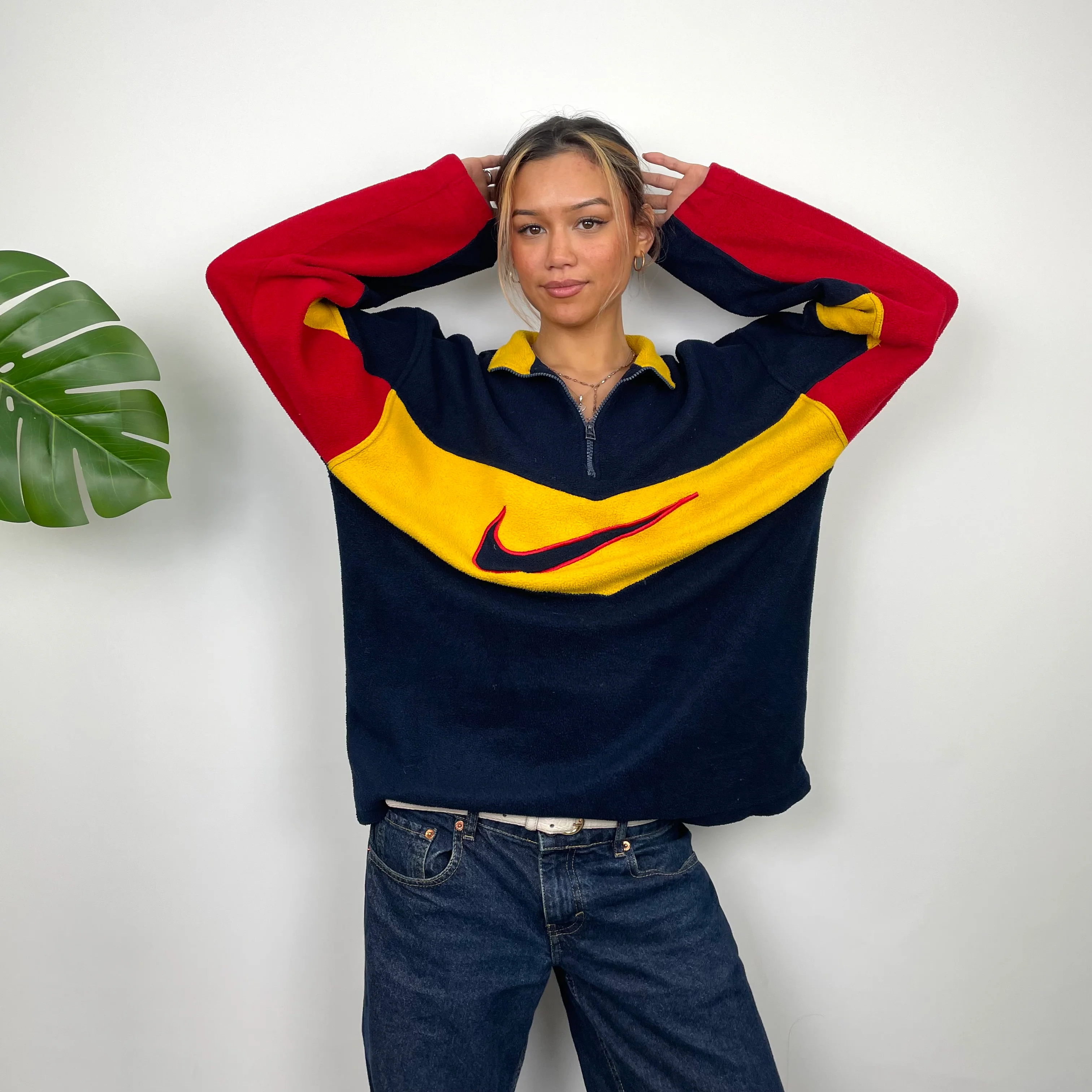 Nike Navy and Yellow Embroidered Spell Out Teddy Bear Fleece Quarter Zip Sweatshirt (L) - Image 3