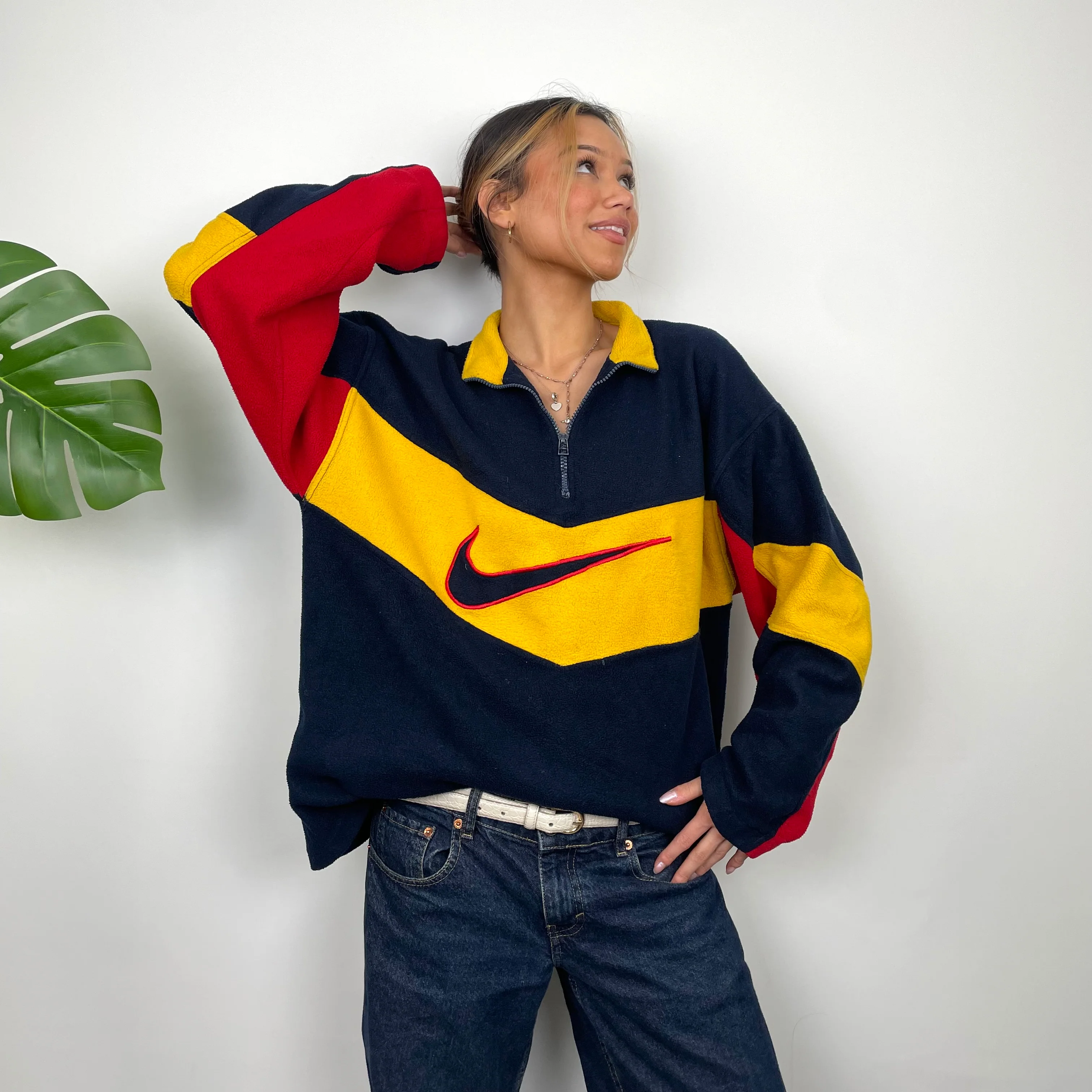 Nike Navy and Yellow Embroidered Spell Out Teddy Bear Fleece Quarter Zip Sweatshirt (L) - Image 4