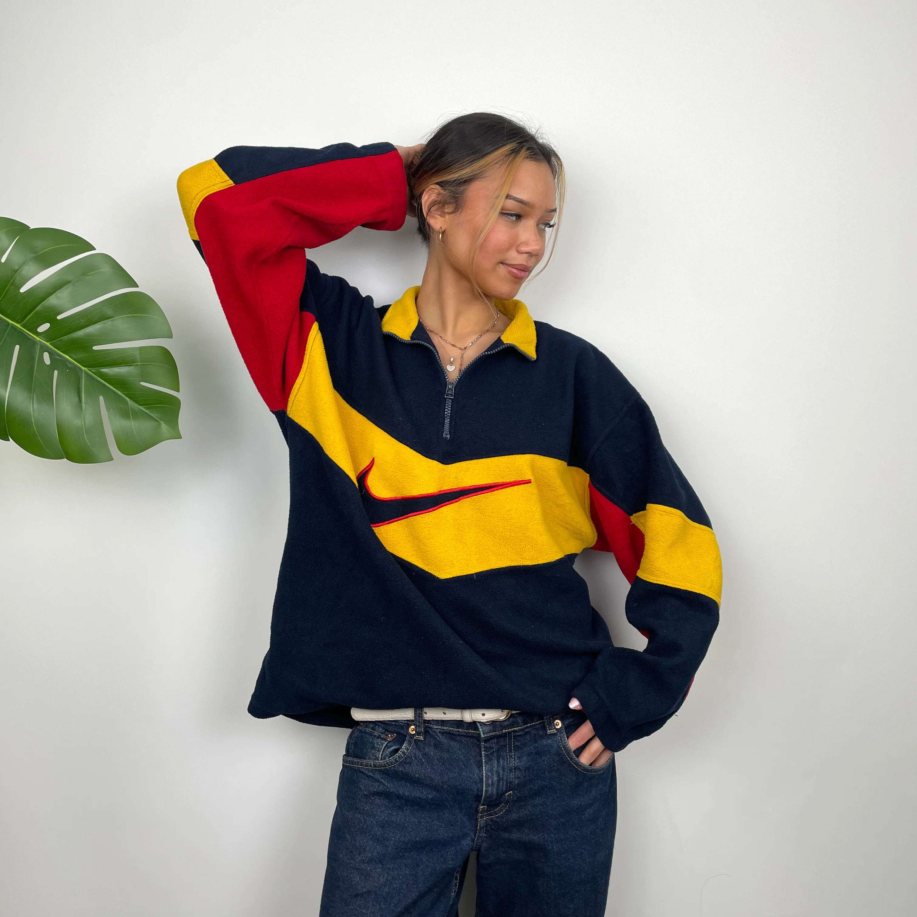Nike Navy and Yellow Embroidered Spell Out Teddy Bear Fleece Quarter Zip Sweatshirt (L) - Image 5