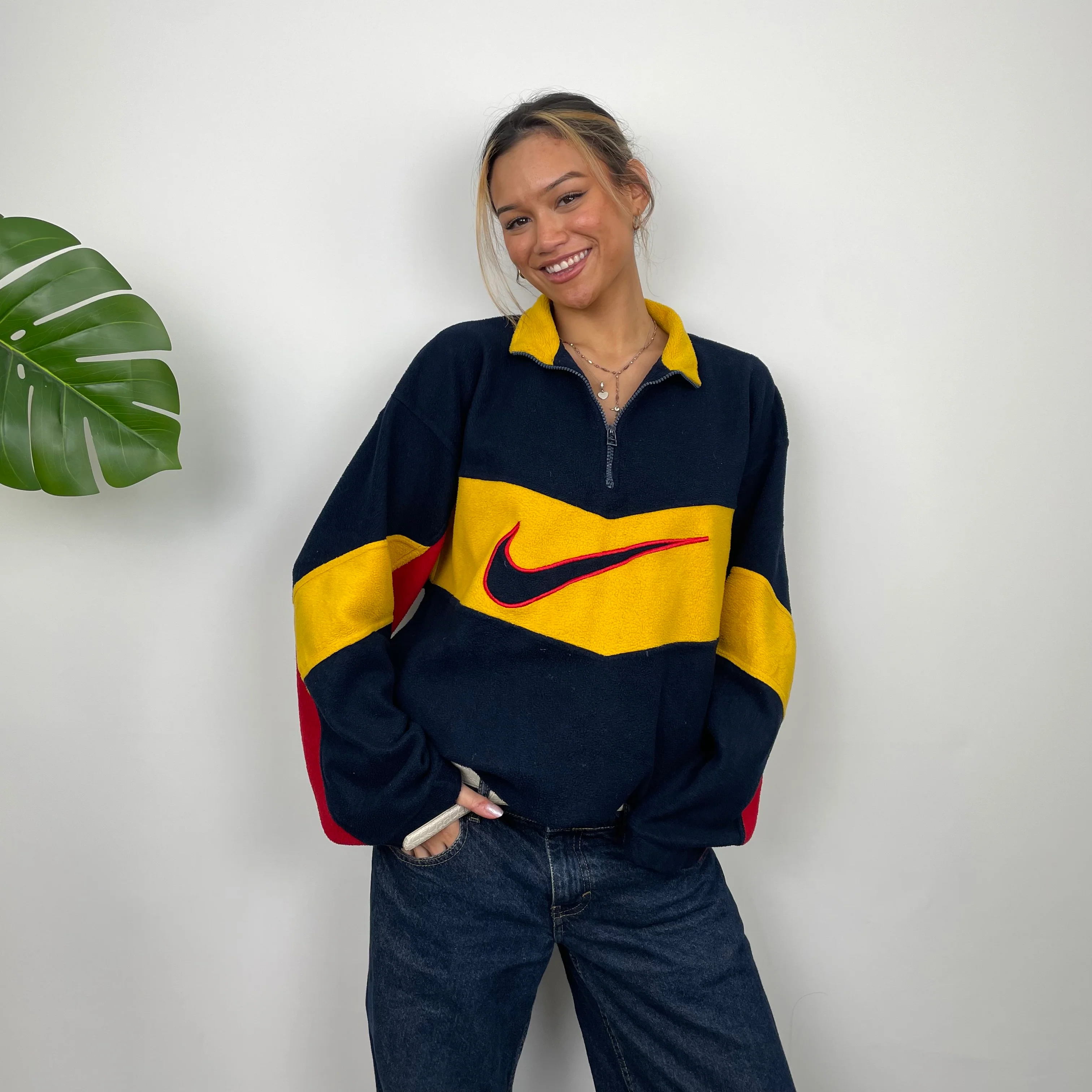 Nike Navy and Yellow Embroidered Spell Out Teddy Bear Fleece Quarter Zip Sweatshirt (L) - Image 6
