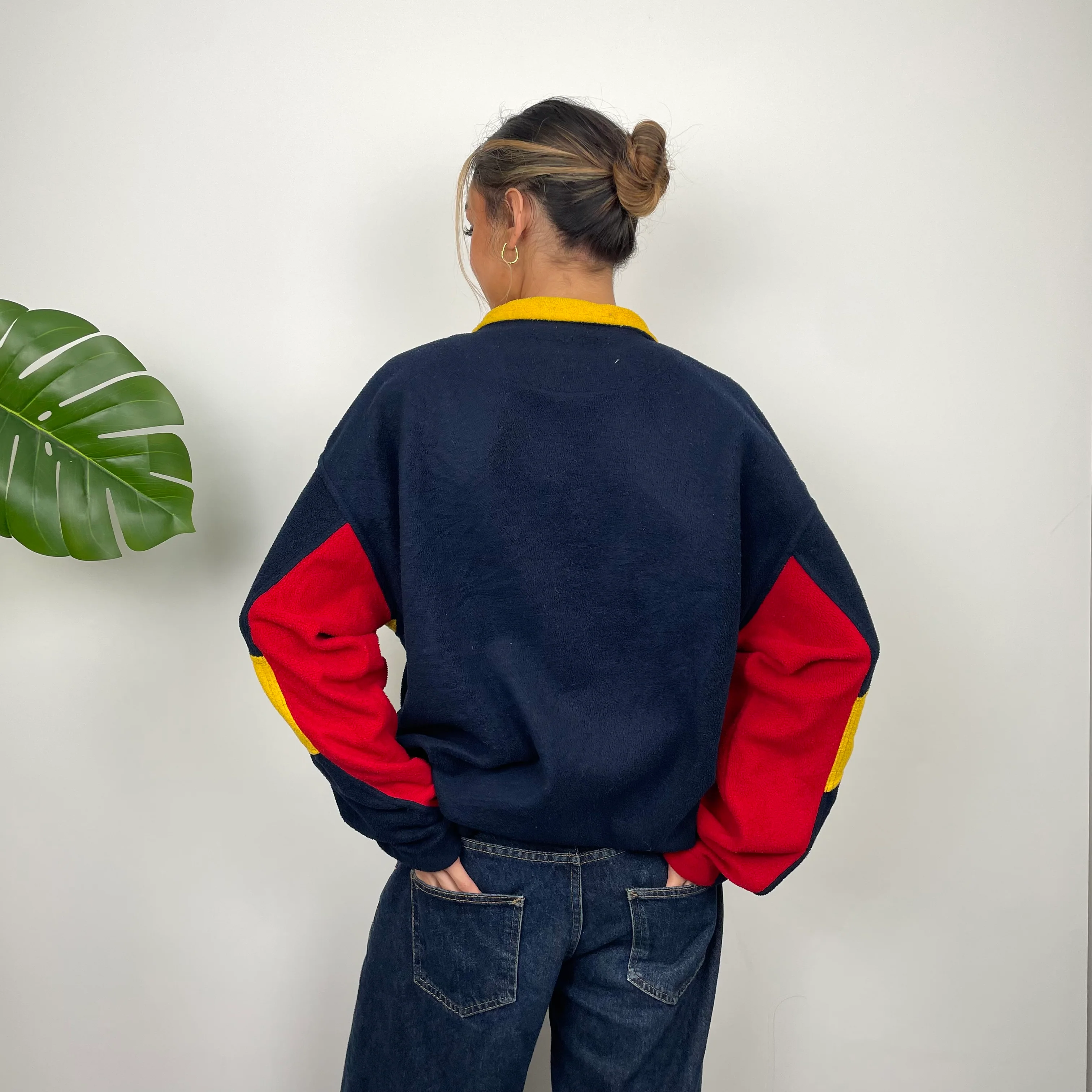 Nike Navy and Yellow Embroidered Spell Out Teddy Bear Fleece Quarter Zip Sweatshirt (L) - Image 7