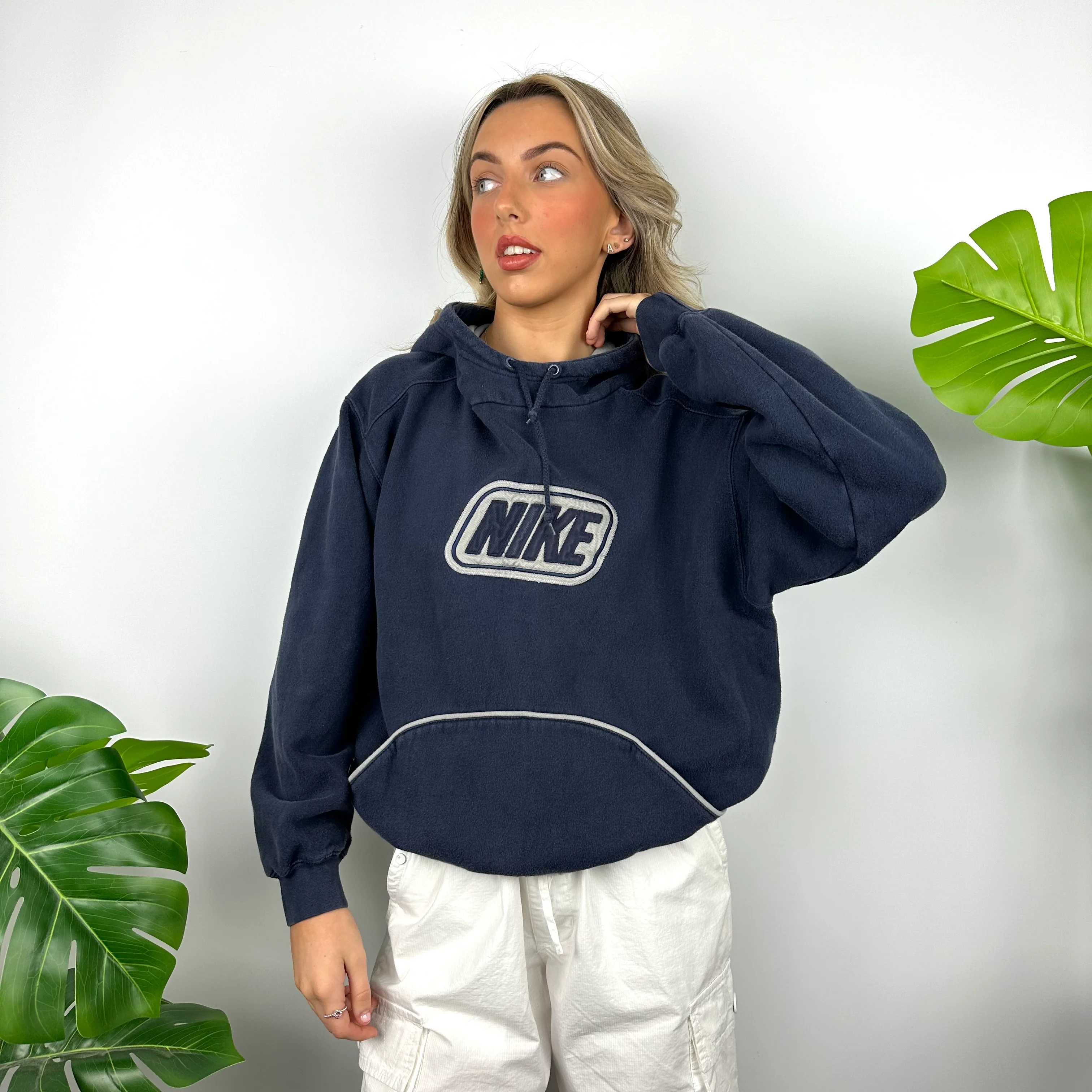 Nike Navy Embroidered Spell Out Hoodie (S) - Image 2