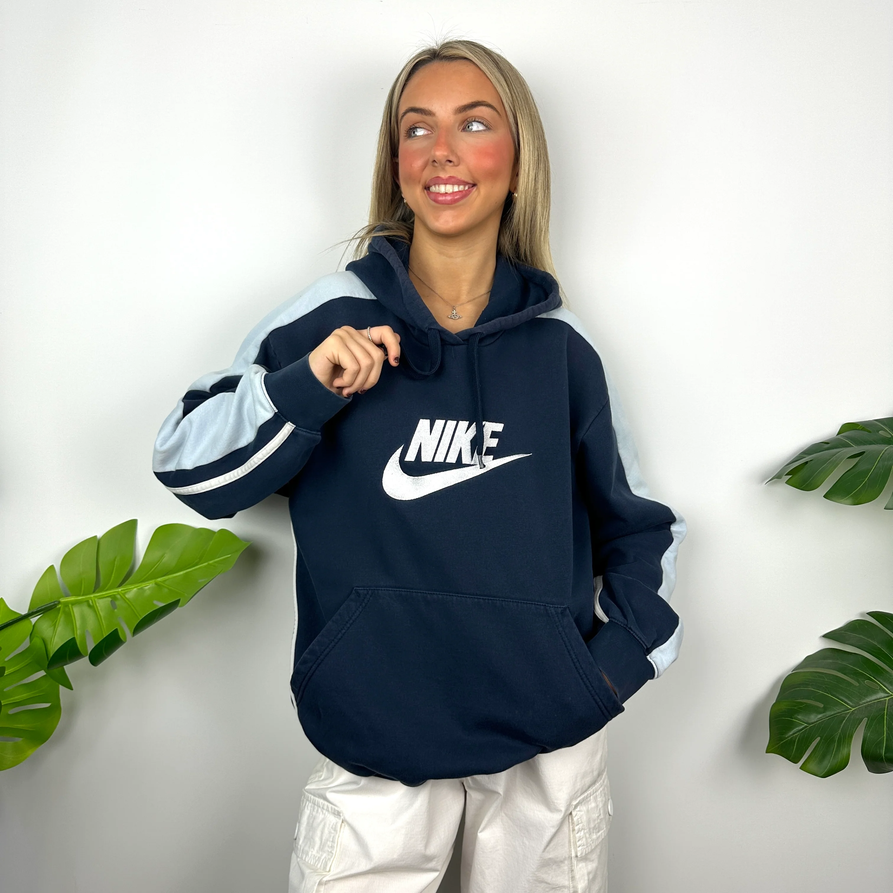 Nike Navy Embroidered Spell Out Hoodie (L) - Image 2